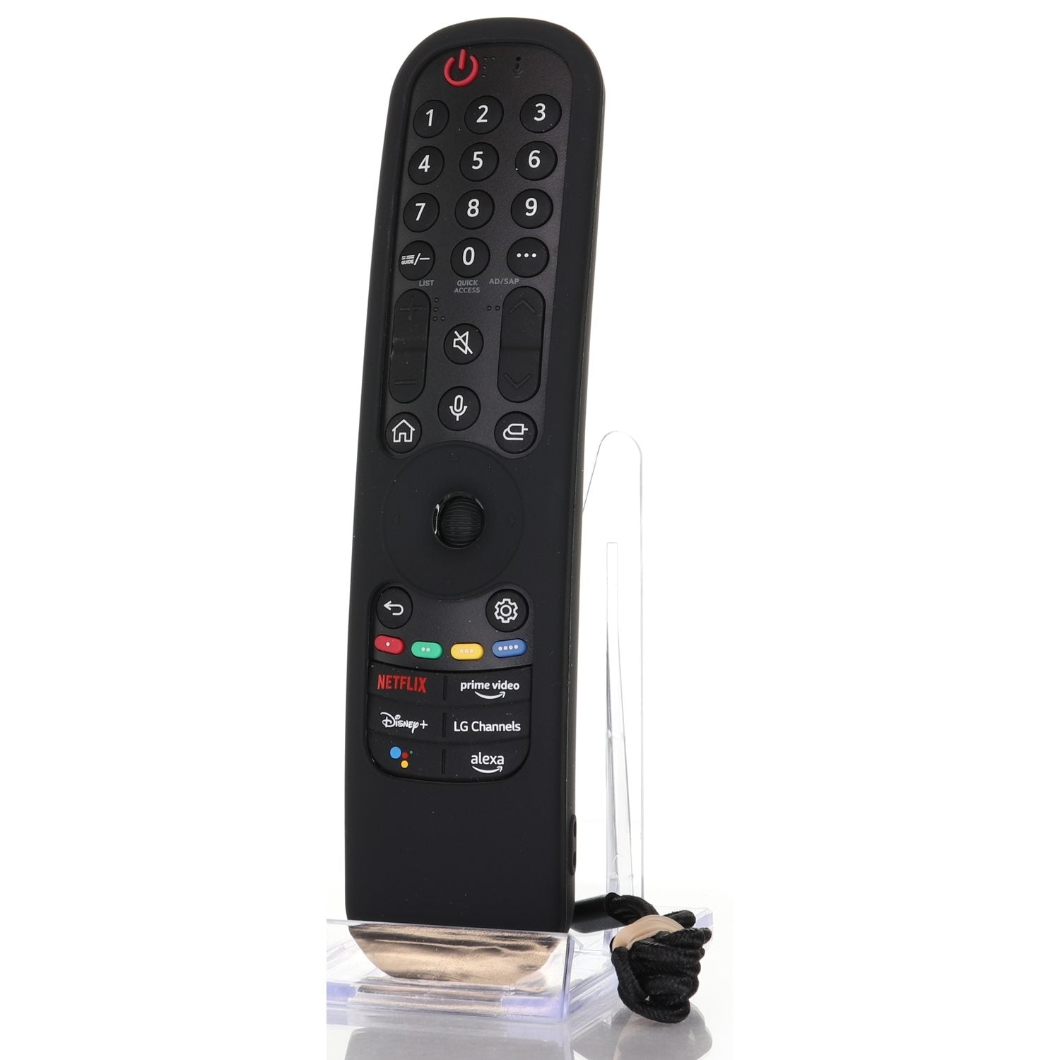 The Black LG Smart TV Magic Remote, featuring buttons for power, number pad, Netflix, Prime Video, Disney+, and LG Channels, is protected by a Silicone Case designed for the AN-MR21GA model.