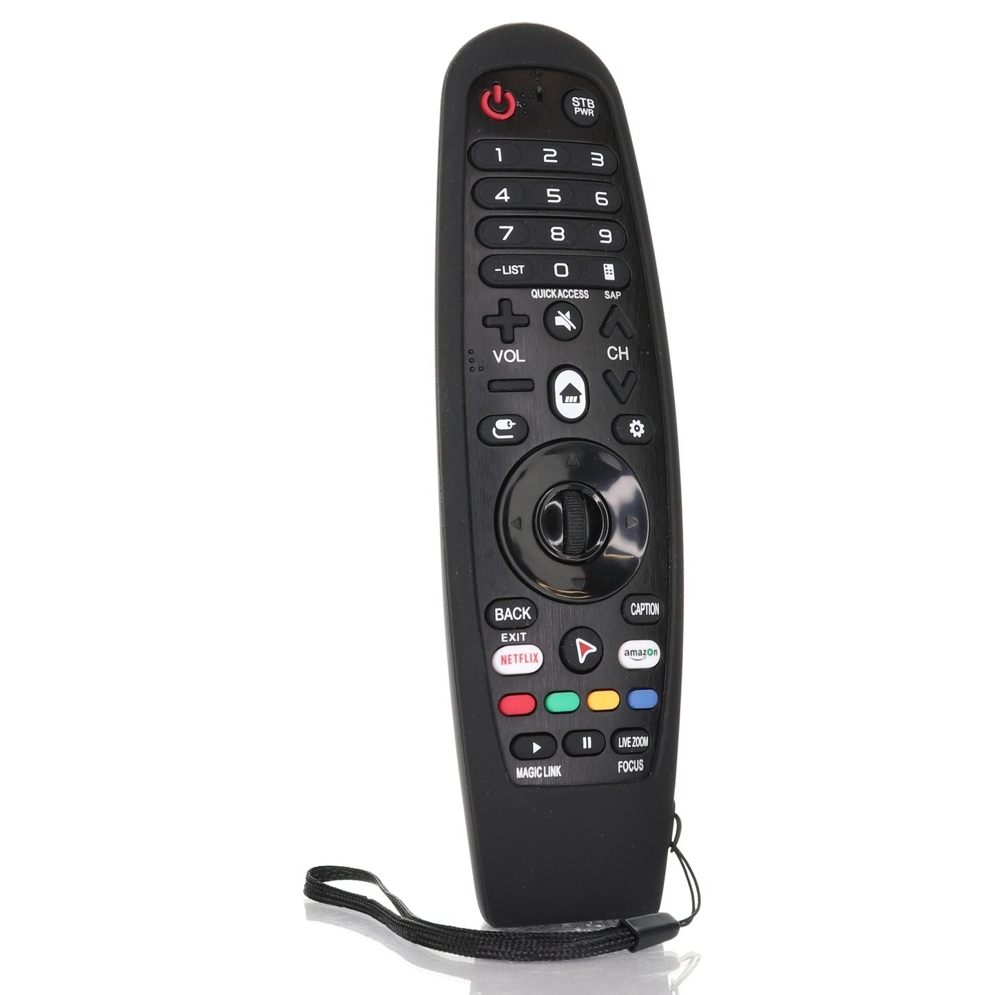 This black Anderic remote control features numerous buttons for numbers, volume, and channels, along with quick-access options for apps like Netflix. It includes a rubber sleeve protective case for LG Smart TVs and a wrist strap to enhance usability.