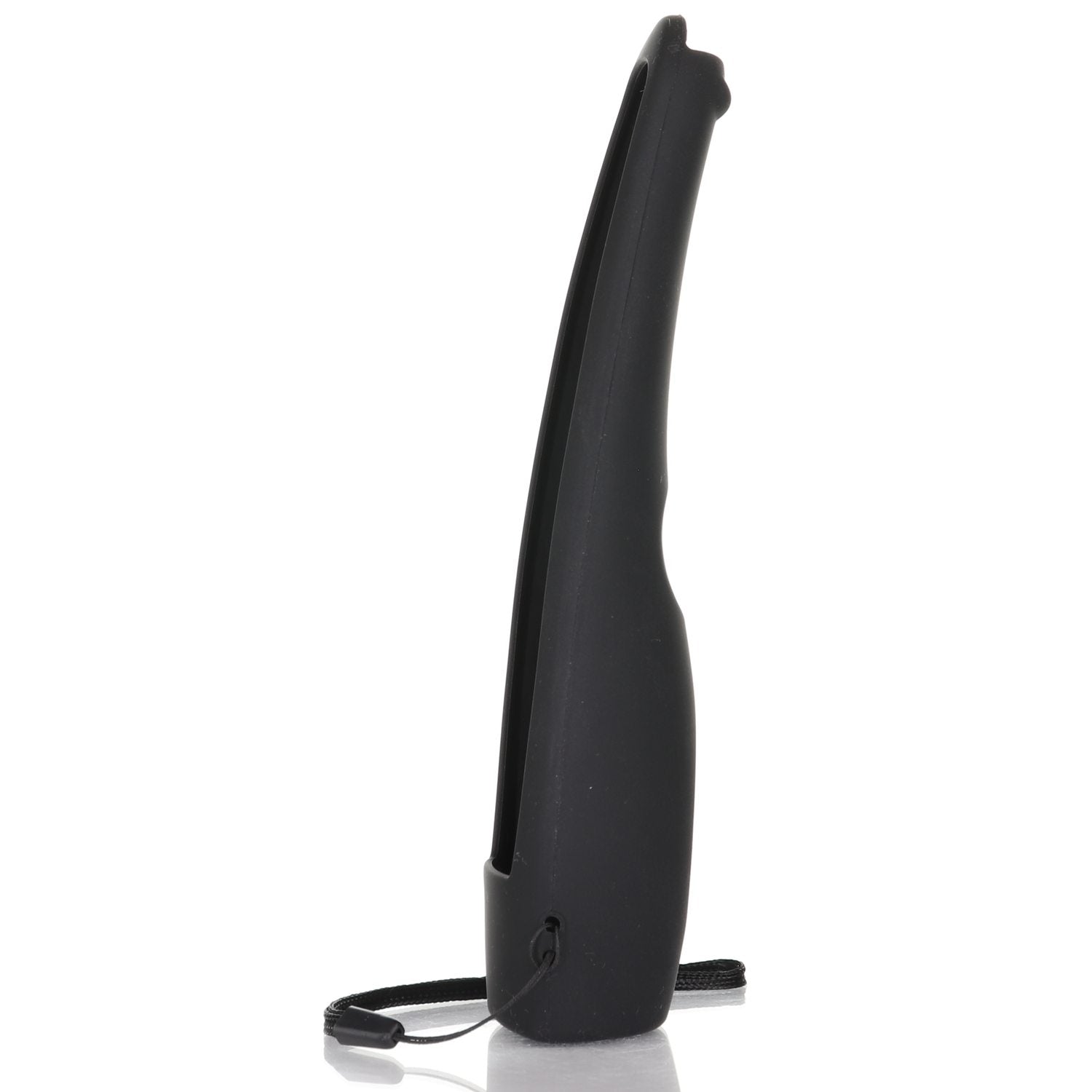 The Anderic Black LG Silicone Urination Device with a curved design and wrist strap resembles the sleek finish of an ANMR600 Remote Control Rubber Sleeve, standing upright against a plain white background.