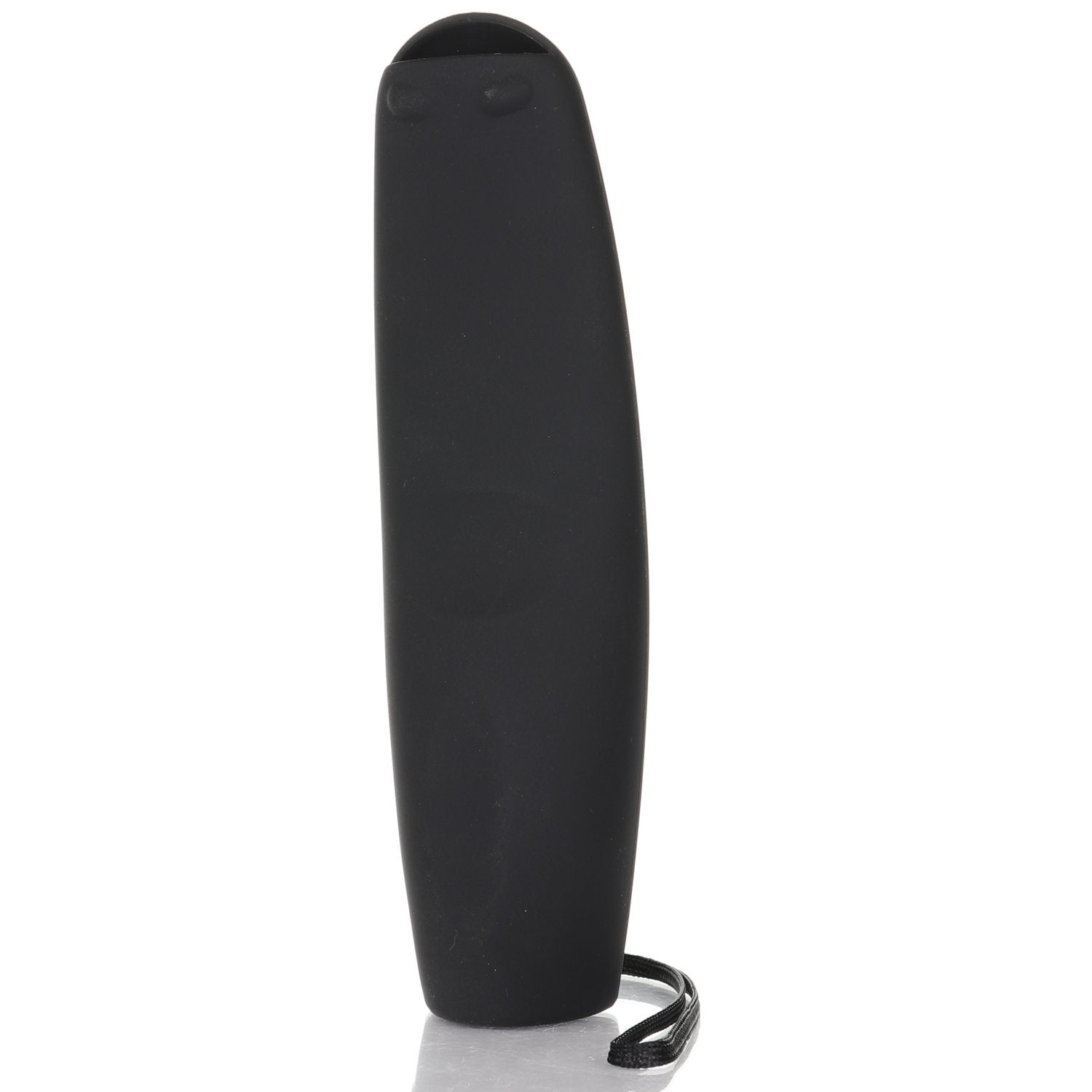 A black Anderic Rubber Sleeve Remote Protective Case for ANMR600 to ANMR20GA, designed for LG Smart TV remotes, features a strap and stands upright on a reflective surface.