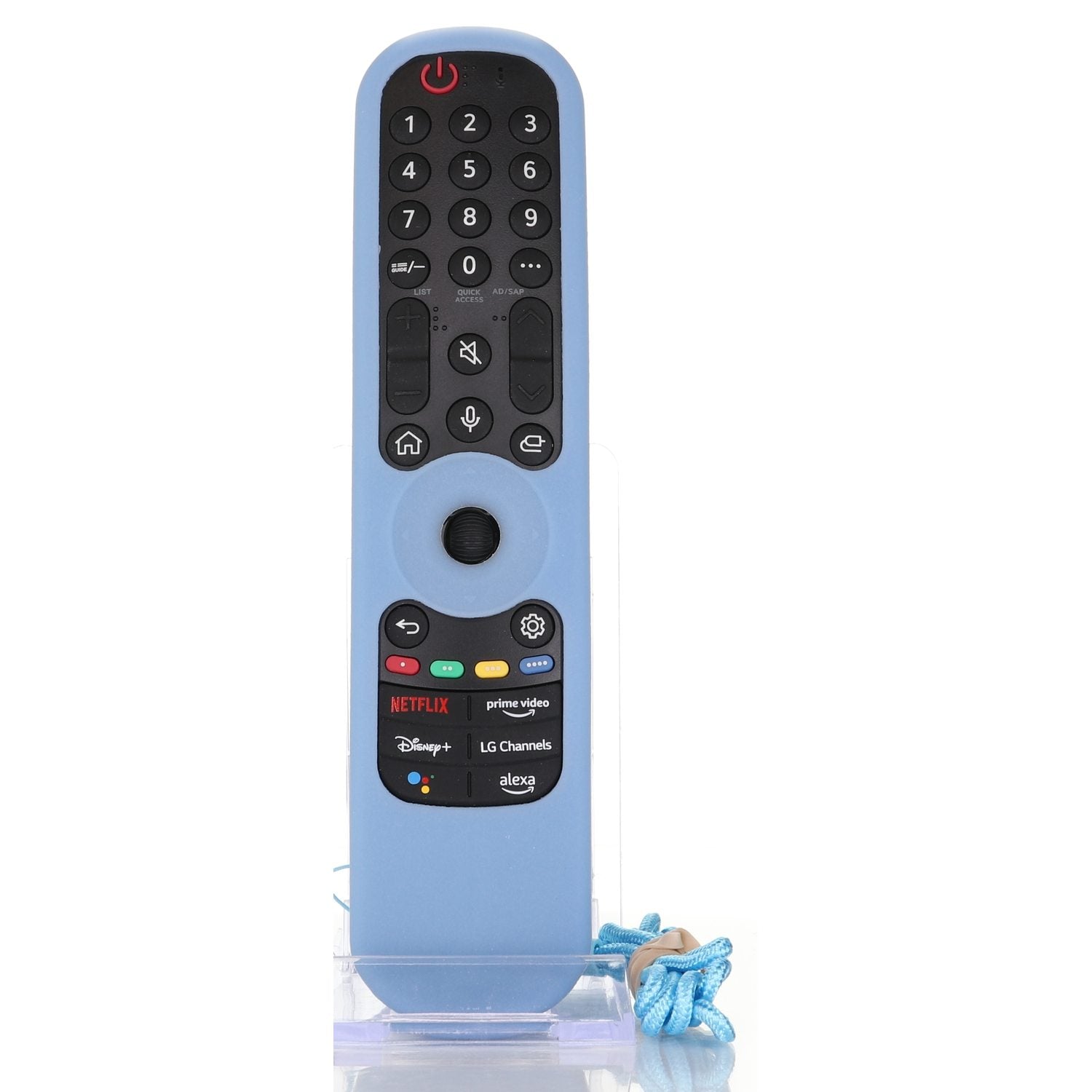 The light blue LG Smart TV Magic Remote includes buttons like numbers, a power button, navigation pad, and streaming shortcuts. It features a blue wrist strap and fits the AN-MR21GA/AN-MR22GA Remote Control Silicone Protective Case for enhanced durability.