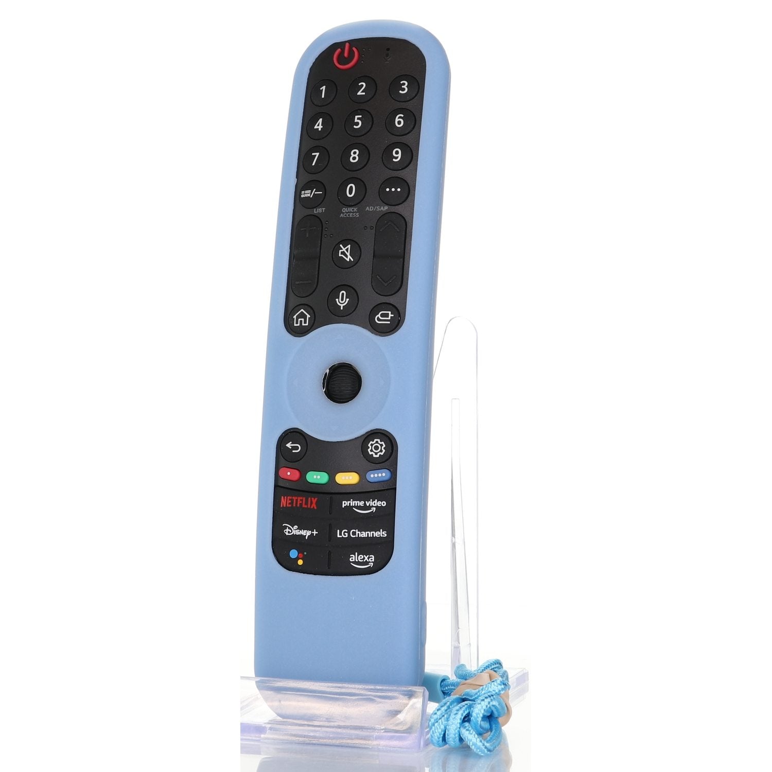 The blue LG Smart TV Magic Remote features black buttons, including a keypad and streaming service buttons, resting on a clear stand. A blue wrist strap enhances its sleek design. For added durability and style, consider the AN-MR21GA / AN-MR22GA Remote Control Silicone Protective Case.