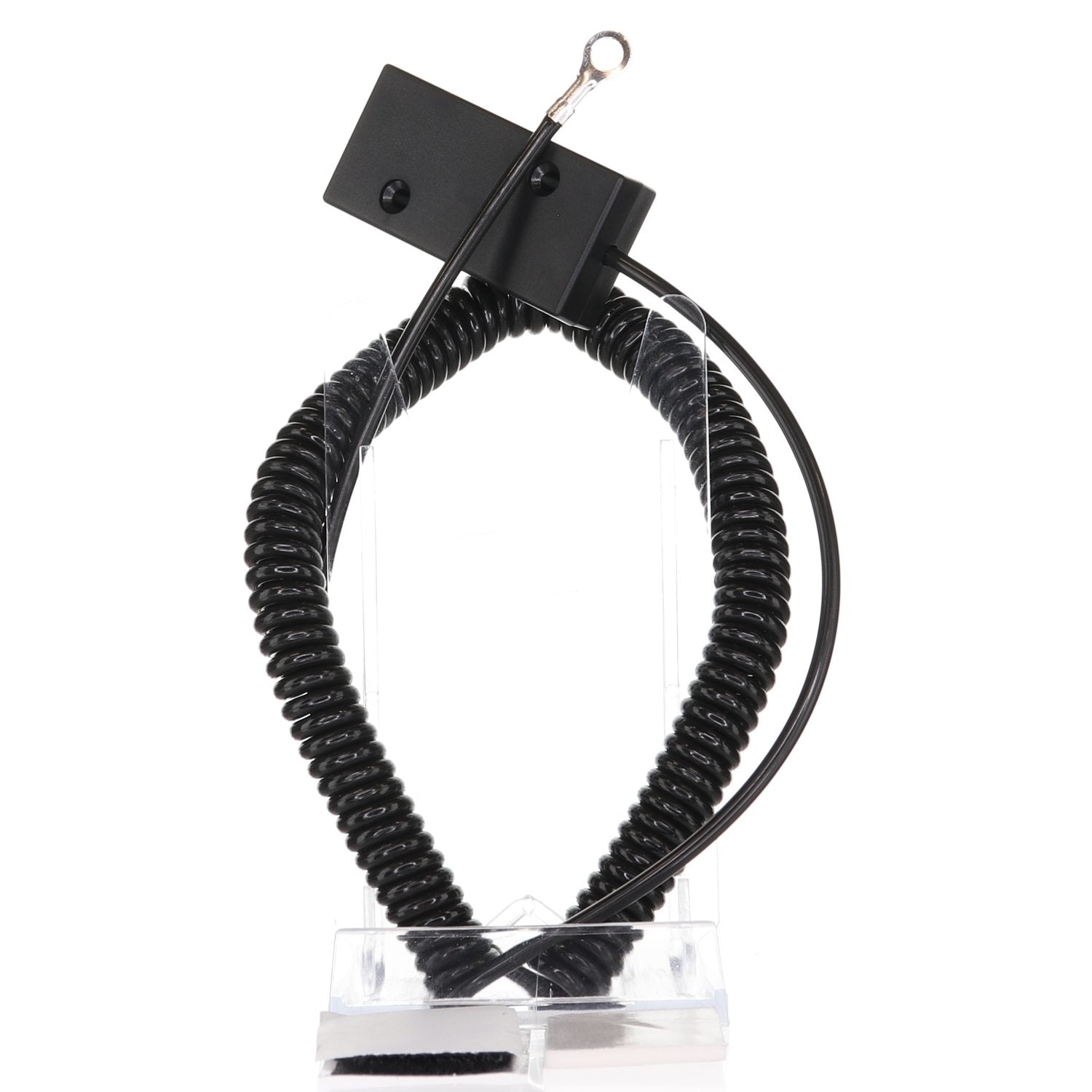 The Anderic CBL01 Universal Tether Coiled Security Cable has a black coiled design with a rectangular attachment on a clear plastic stand and features a looped connector at the top for easy installation.