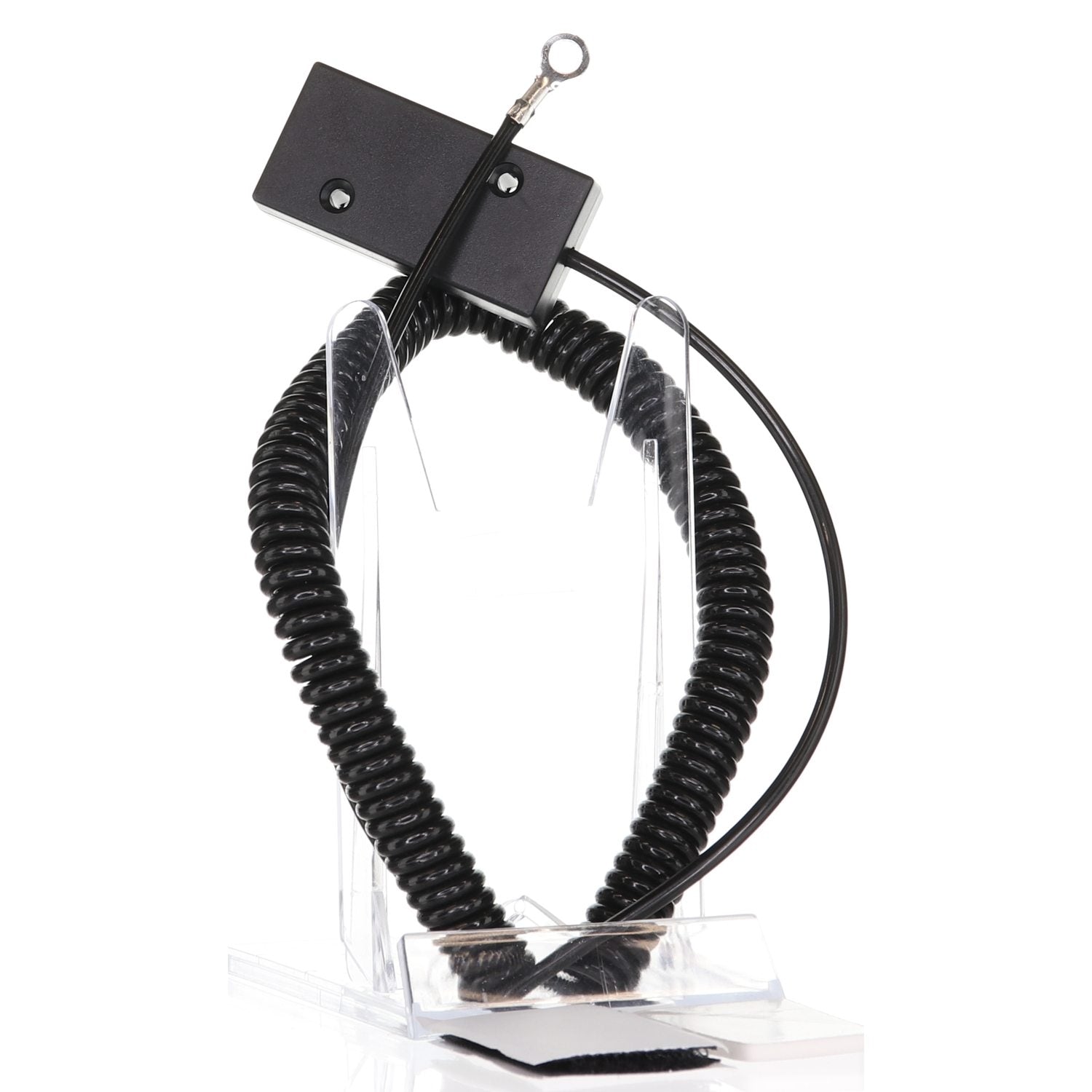 The Anderic CBL01 Universal Tether Coiled Security Cable, featuring a black coil attached to a rectangular block with a loop connector, is showcased on a clear stand. Its durable design offers flexibility and easy installation.