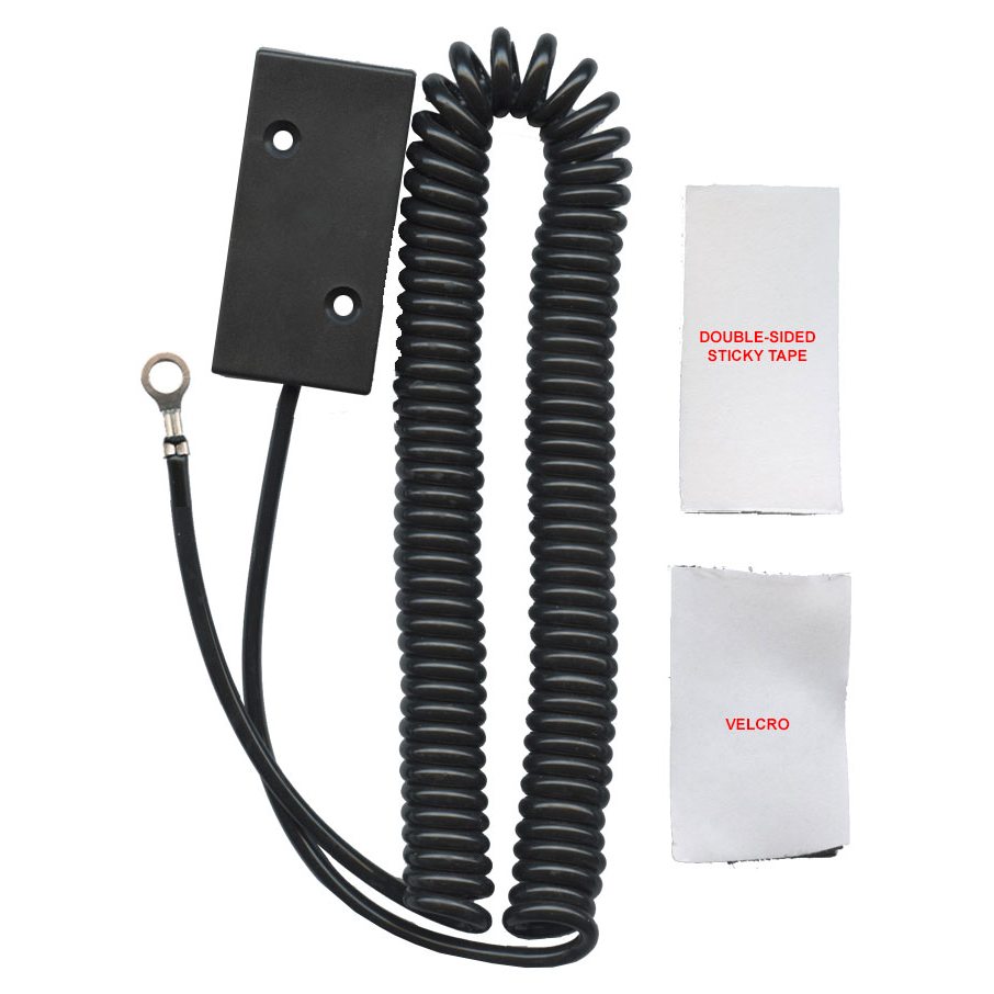 The Anderic CBL01 Universal Tether Coiled Security Cable features a coiled black cable with a metal connector, paired with a rectangular black box and two white adhesive strips—labeled "Double-sided Sticky Tape" and "Velcro"—for easy installation.