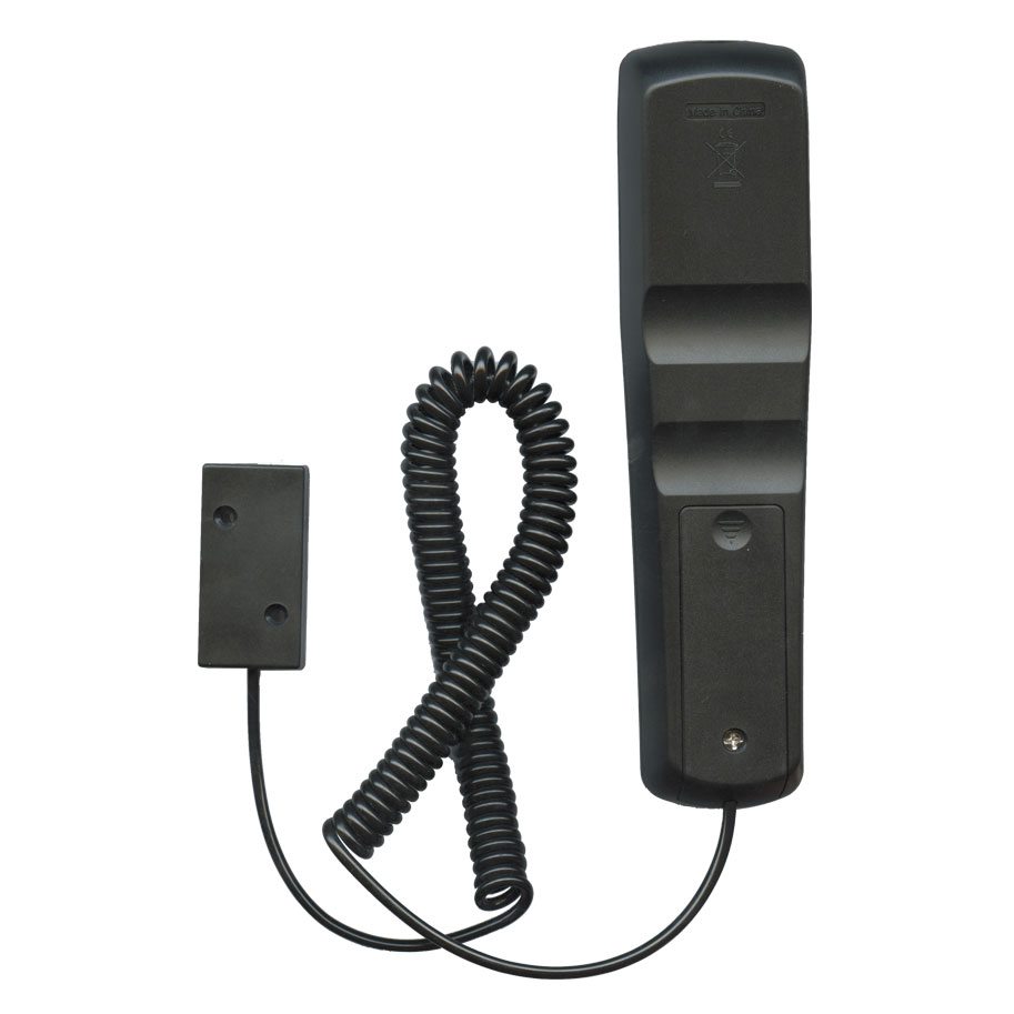 The Anderic CBL01 Universal Tether Coiled Security Cable, a black corded handset, connects effortlessly to a rectangular box for easy installation against a white background.