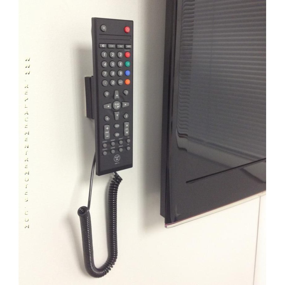 The Anderic CBL02, a universal remote control with a coiled security cable tether, is mounted on the wall near a flat-screen TV to secure both remotes.