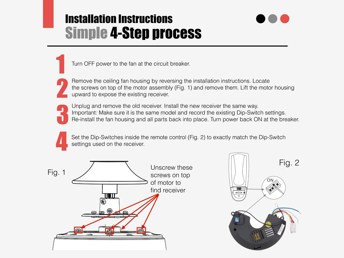 Anderic UC7058RY ceiling fan receiver installation guide showing a 4-step process and wiring diagrams.