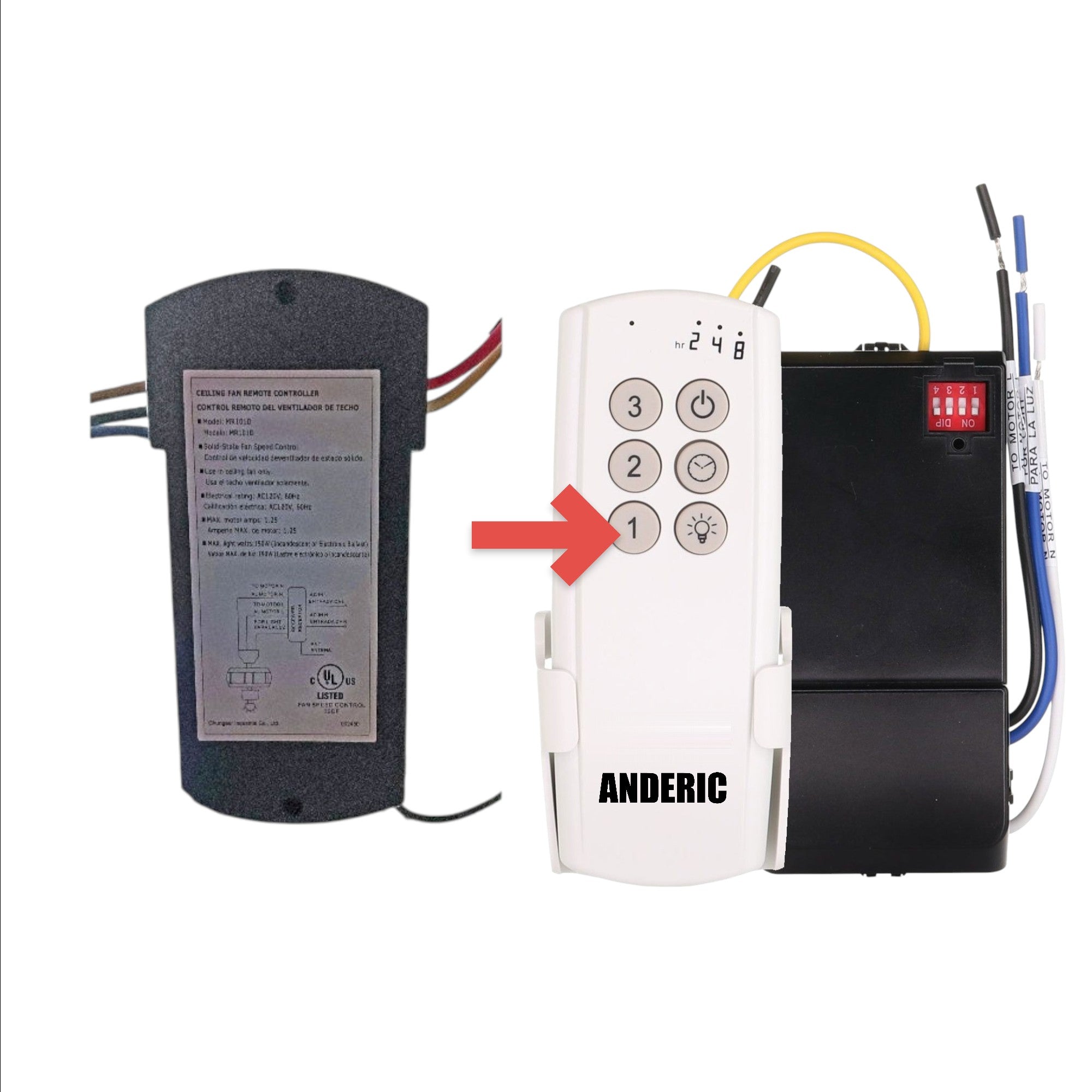 Anderic 63T-AC83T-KIT ceiling fan remote receiver, a compatible replacement for Hampton Bay MR101D control modules.