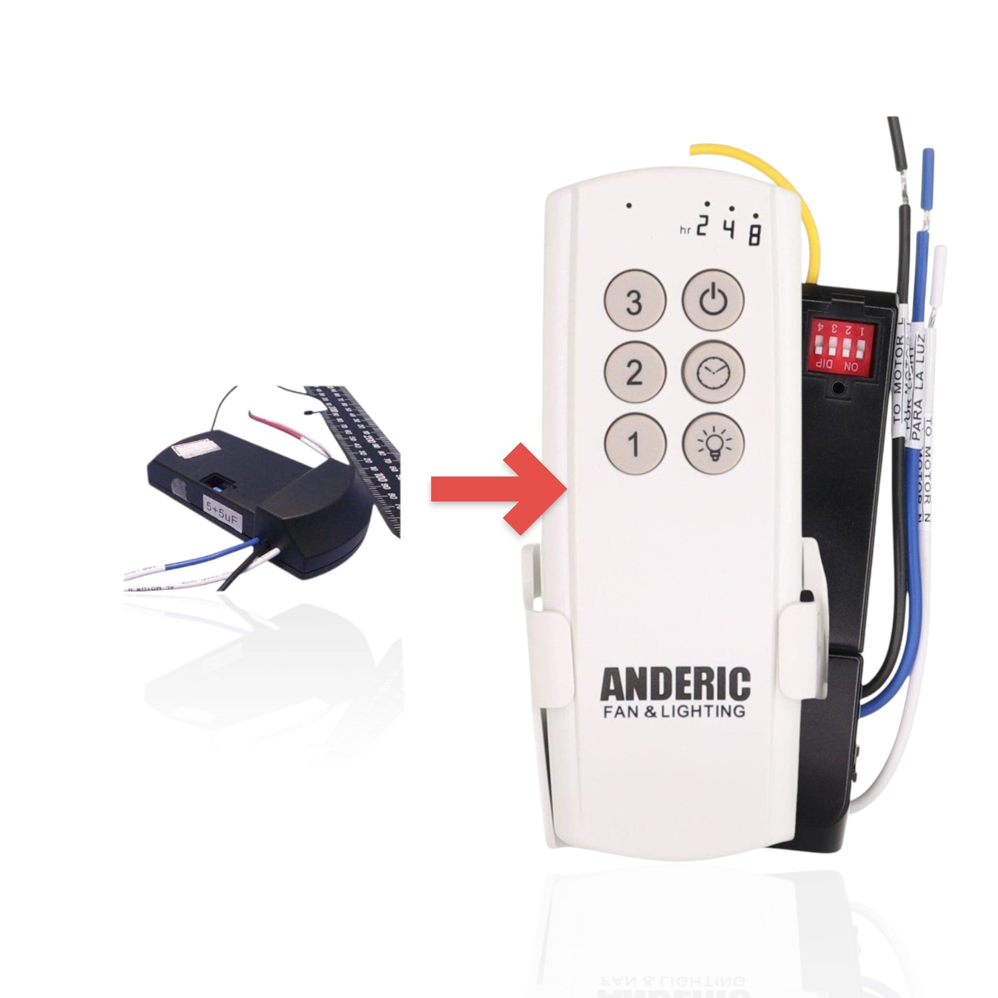 Anderic ceiling fan receiver substitute for KUJCE10201 with black housing and multi-colored wiring.