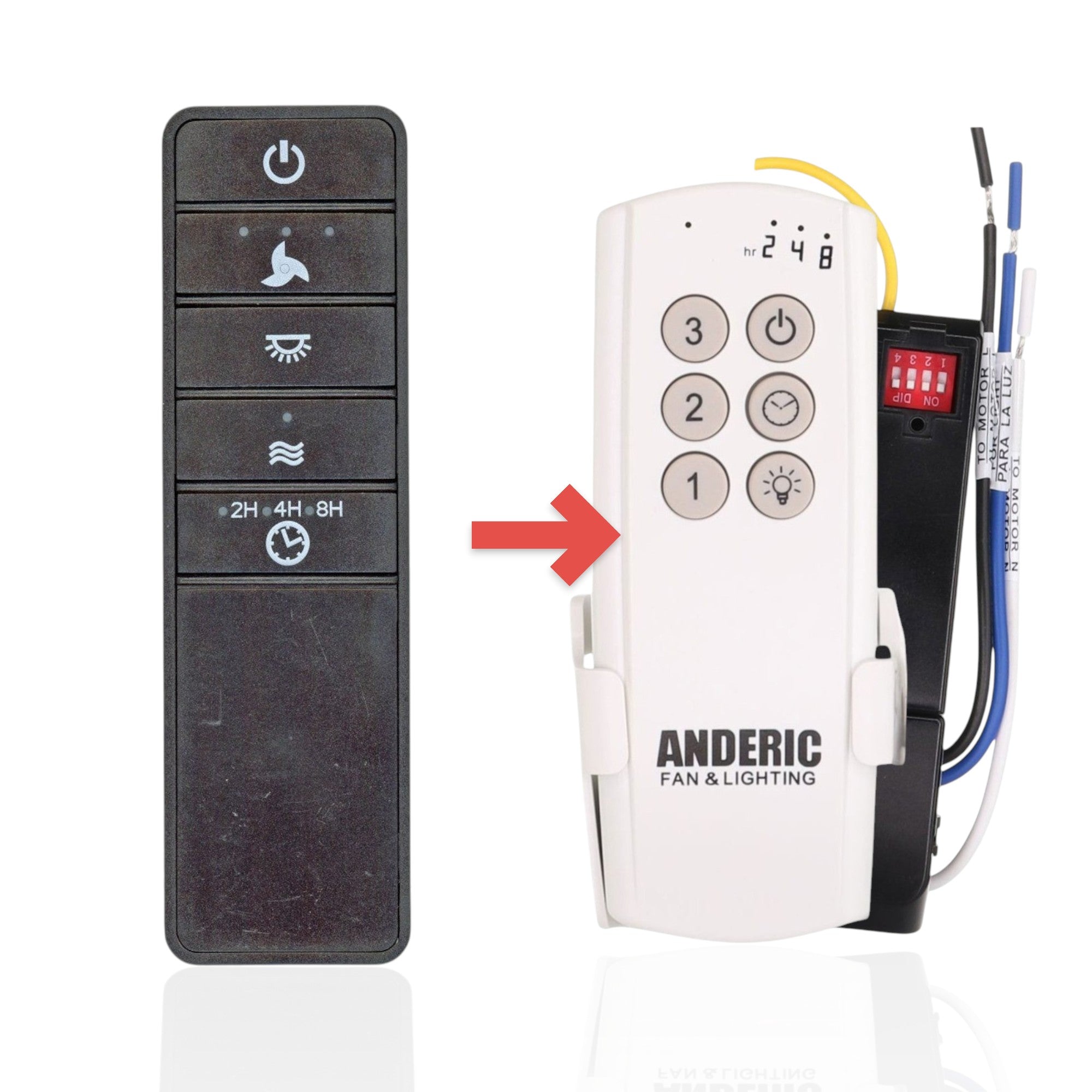 Anderic ceiling fan remote control with buttons for fan speed, light dimming, and timer settings on a black handset.