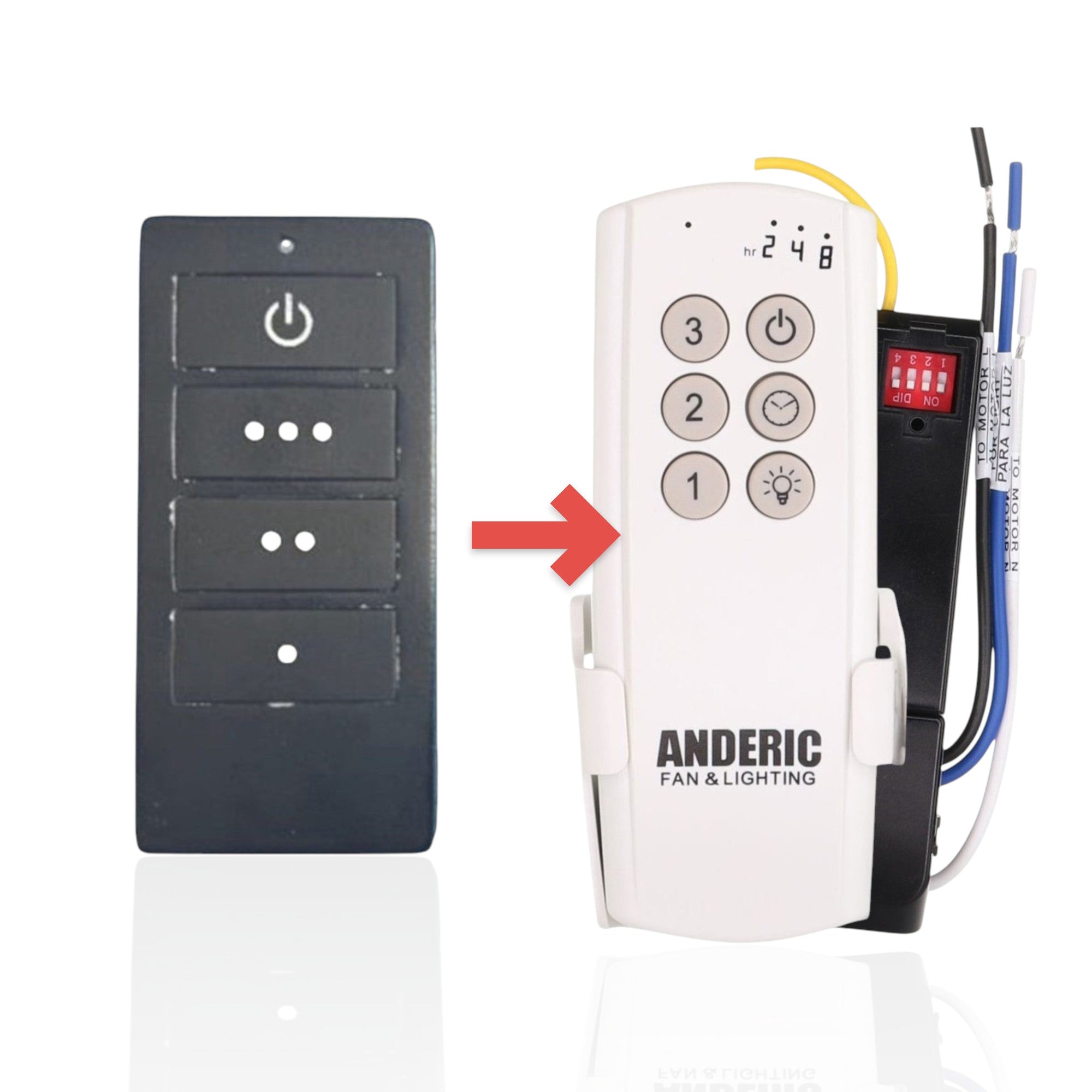 Anderic ceiling fan remote control for Home Decorators Collection with power, speed, and light dimming buttons.