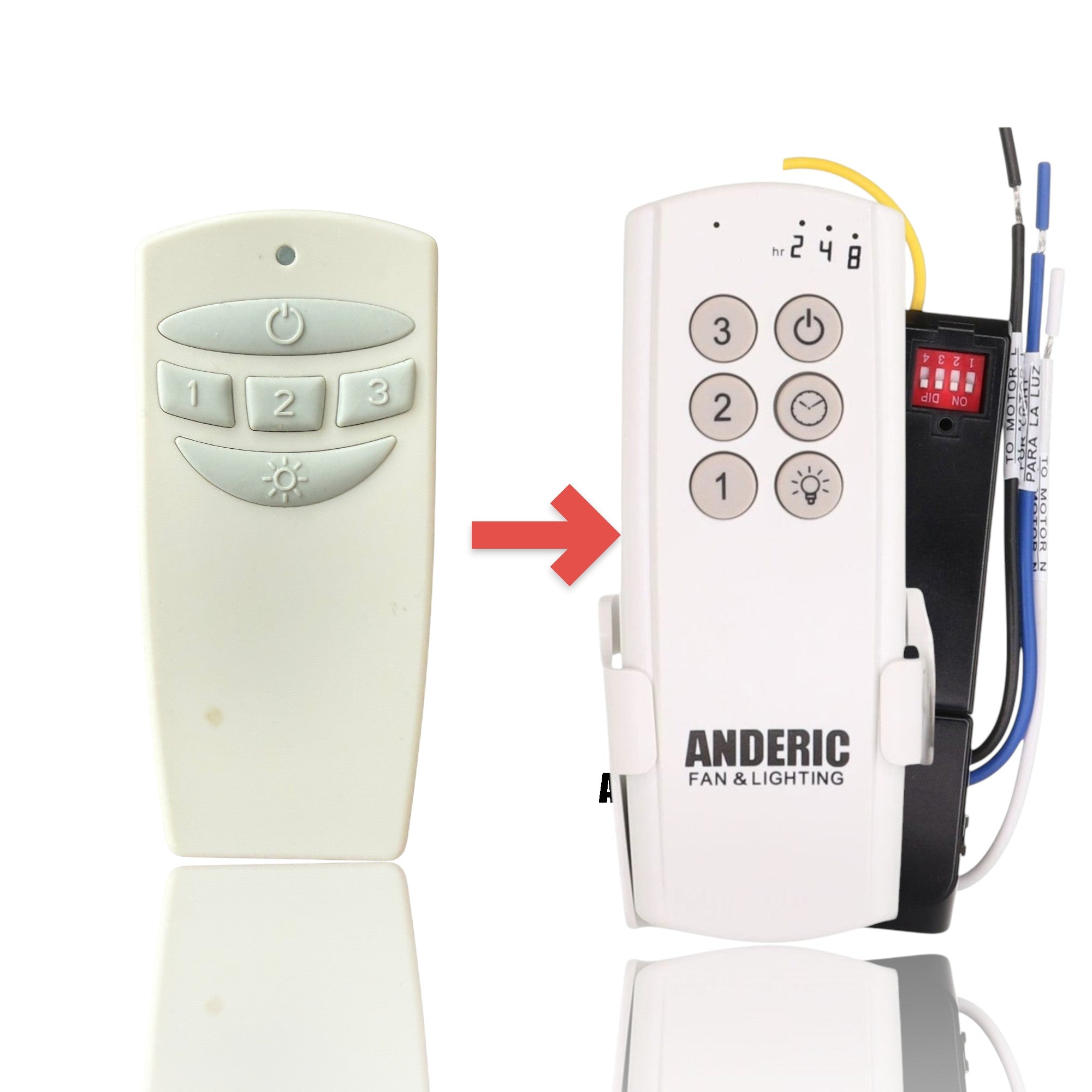 Anderic ceiling fan remote control for Home Decorators Collection, featuring white plastic and intuitive buttons.