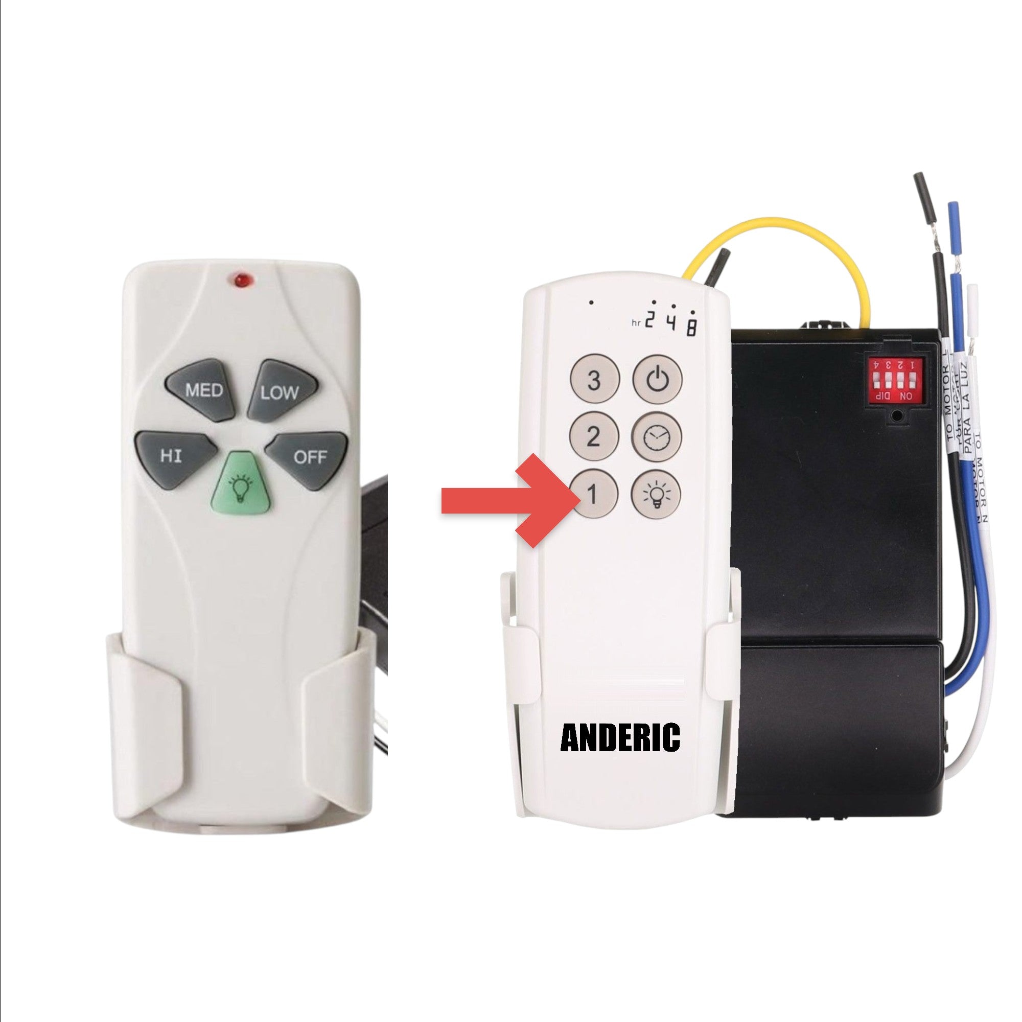 Anderic universal ceiling fan remote control kit with white handheld transmitter and black receiver unit.