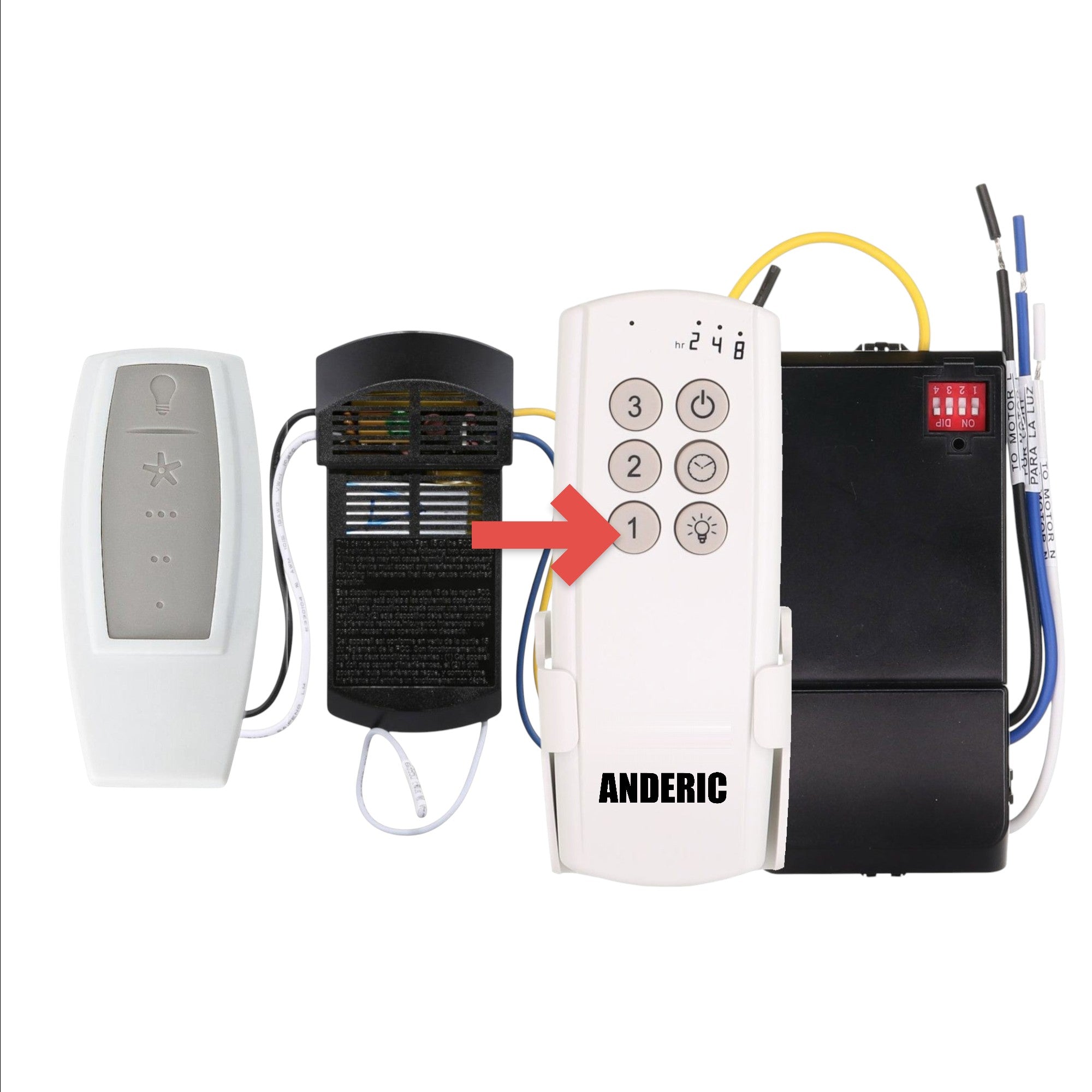 Anderic 3-speed ceiling fan remote control kit with white transmitter and black receiver for Hunter 99110 fans.