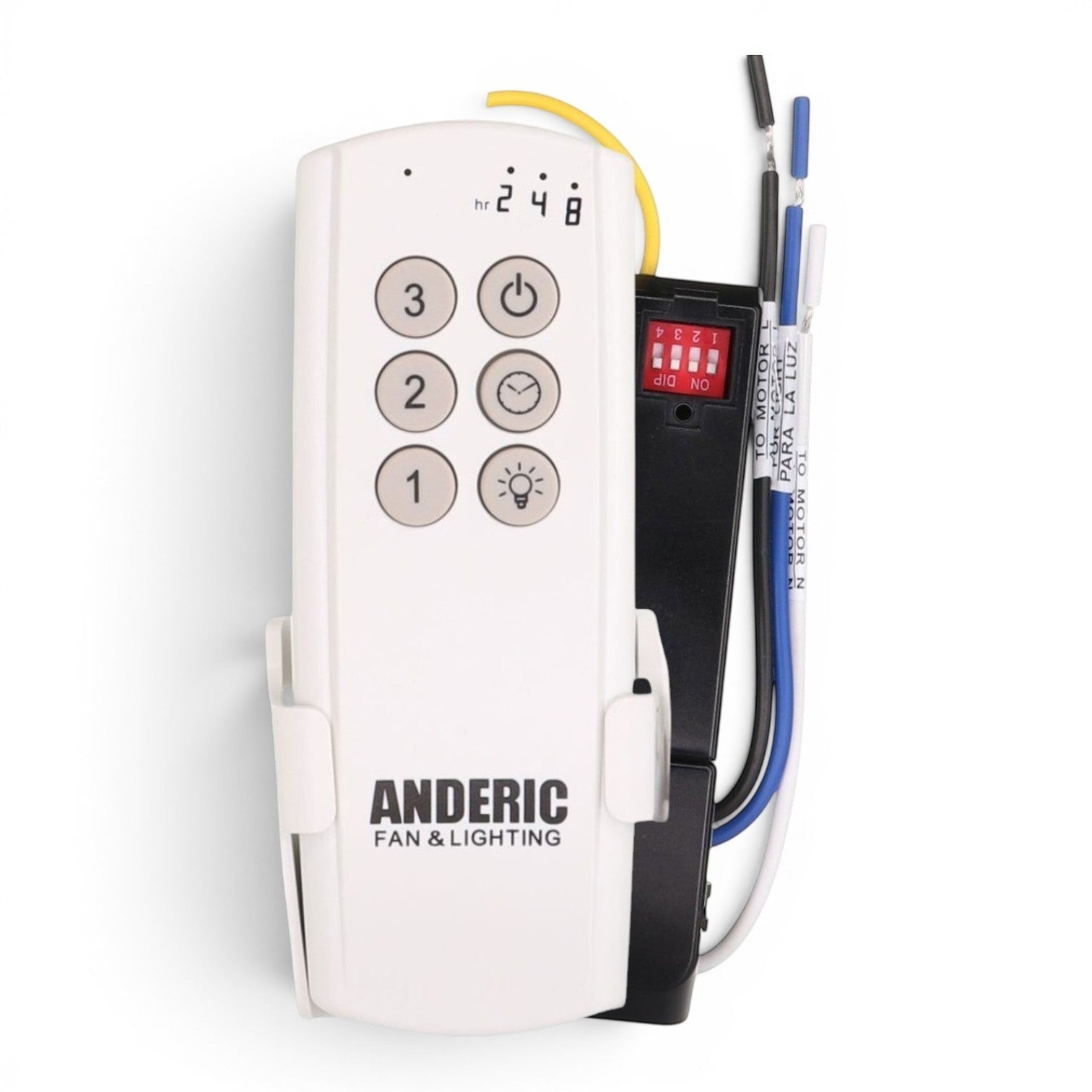 Anderic ceiling fan remote control kit with white handheld transmitter, wall mount, and black receiver module.