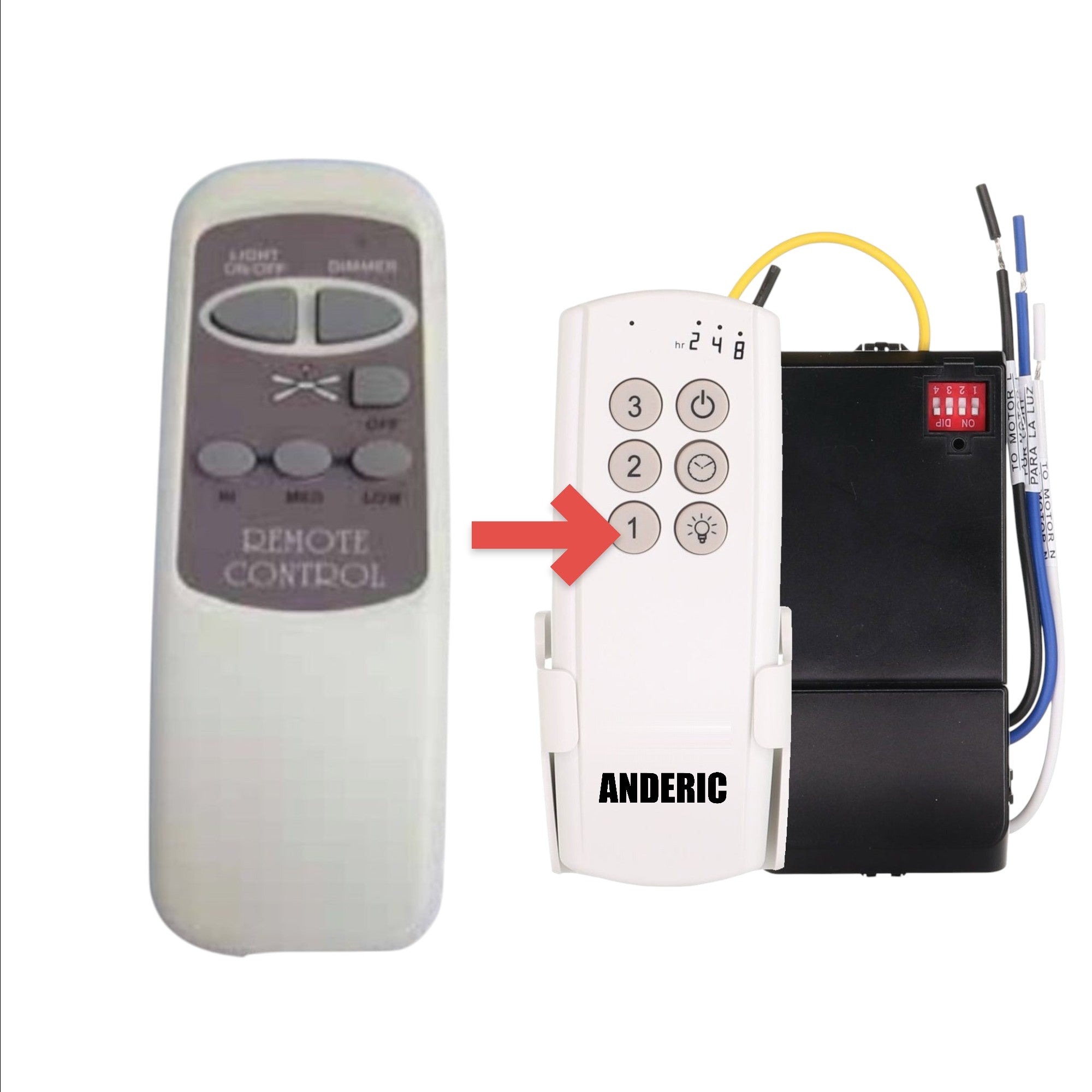 Anderic replacement ceiling fan remote control for KUJCE10206 with light dimming and three-speed fan settings.