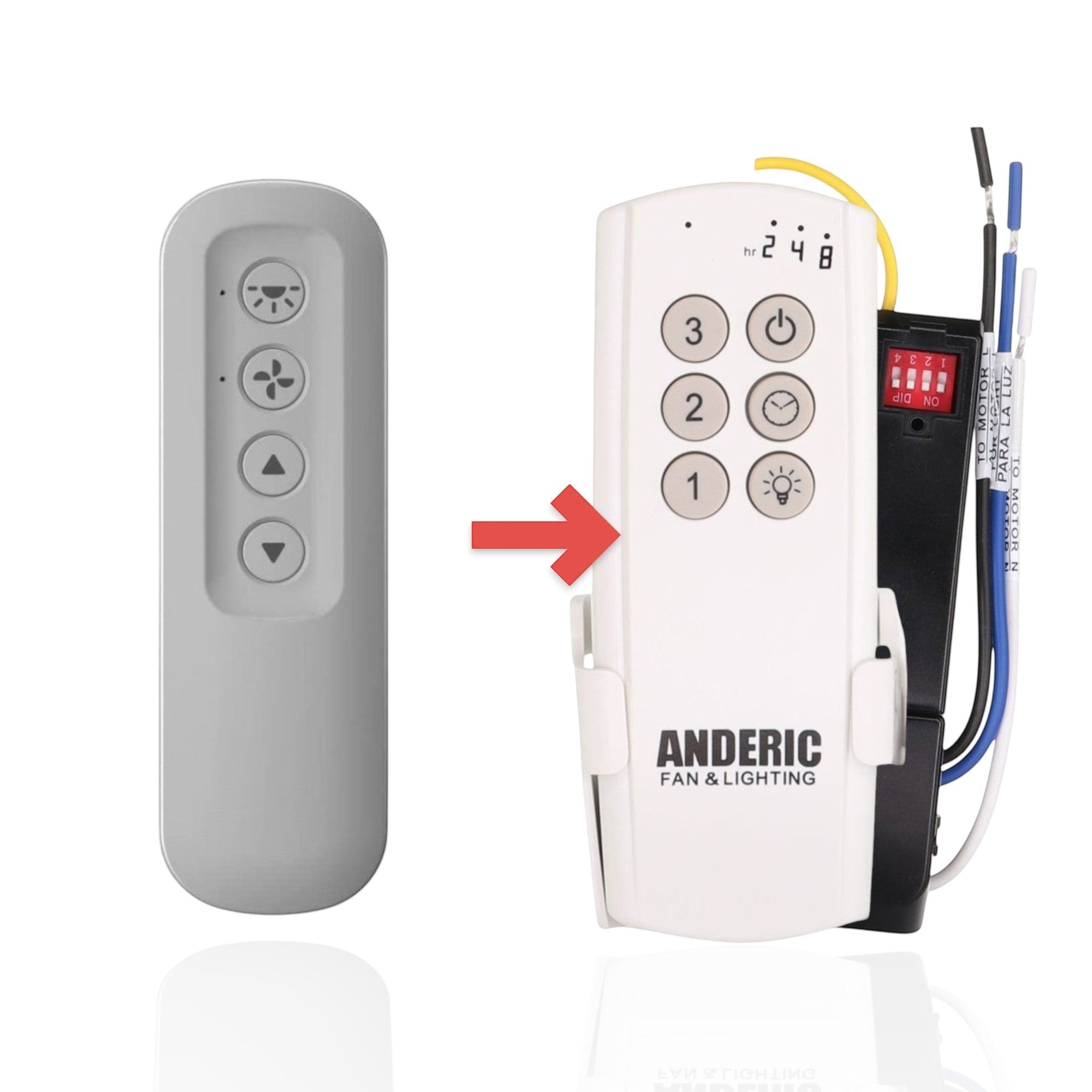 Anderic dove grey ceiling fan remote control with matching green receiver kit for 3-speed fan and light adjustment.