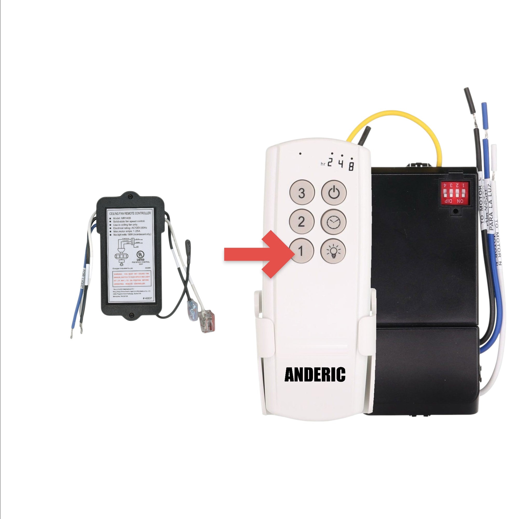 Anderic ceiling fan remote receiver replacement for Harbor Breeze MR140B with wiring harness and technical label.