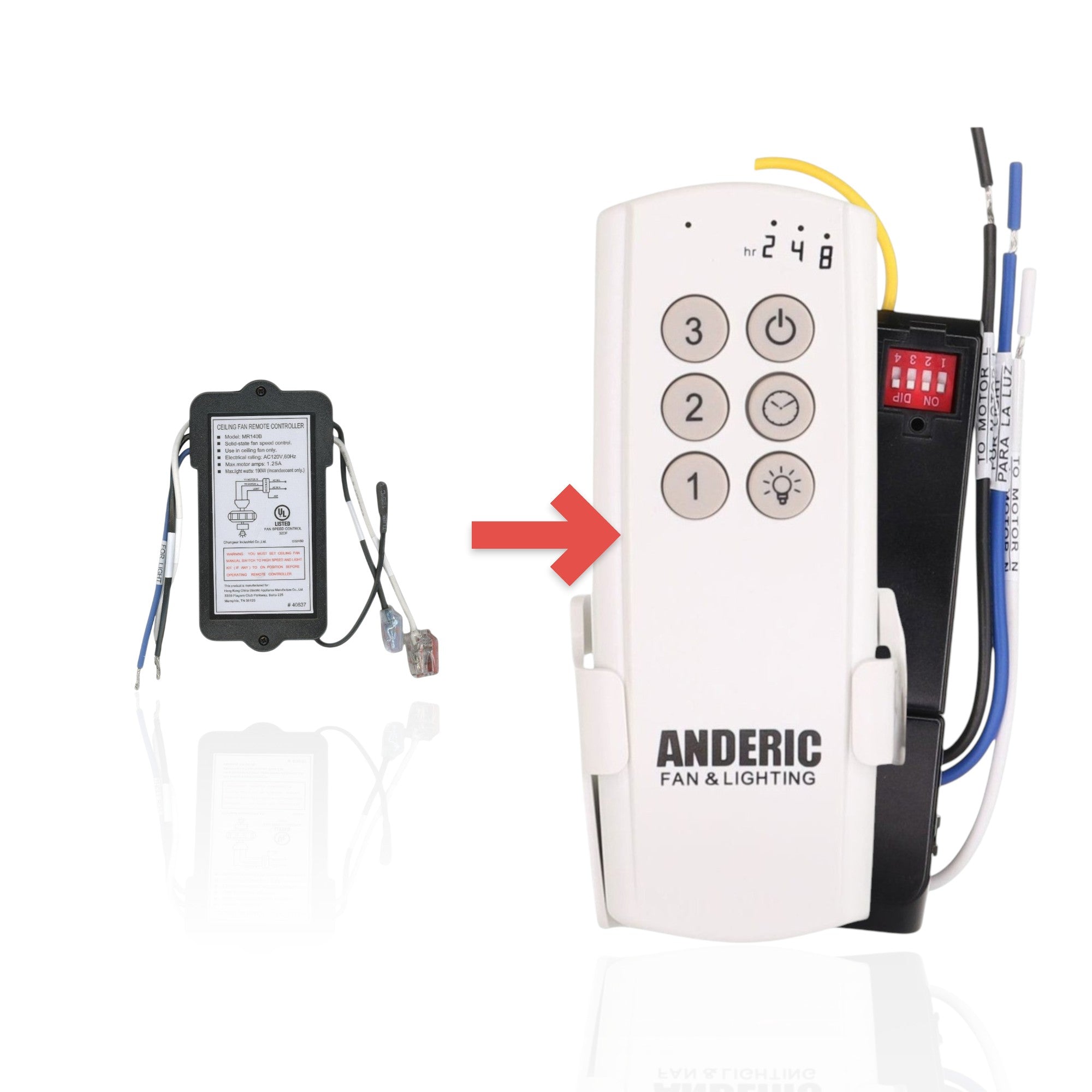 Anderic ceiling fan remote receiver MR140B for AC fans with wiring and technical specifications label