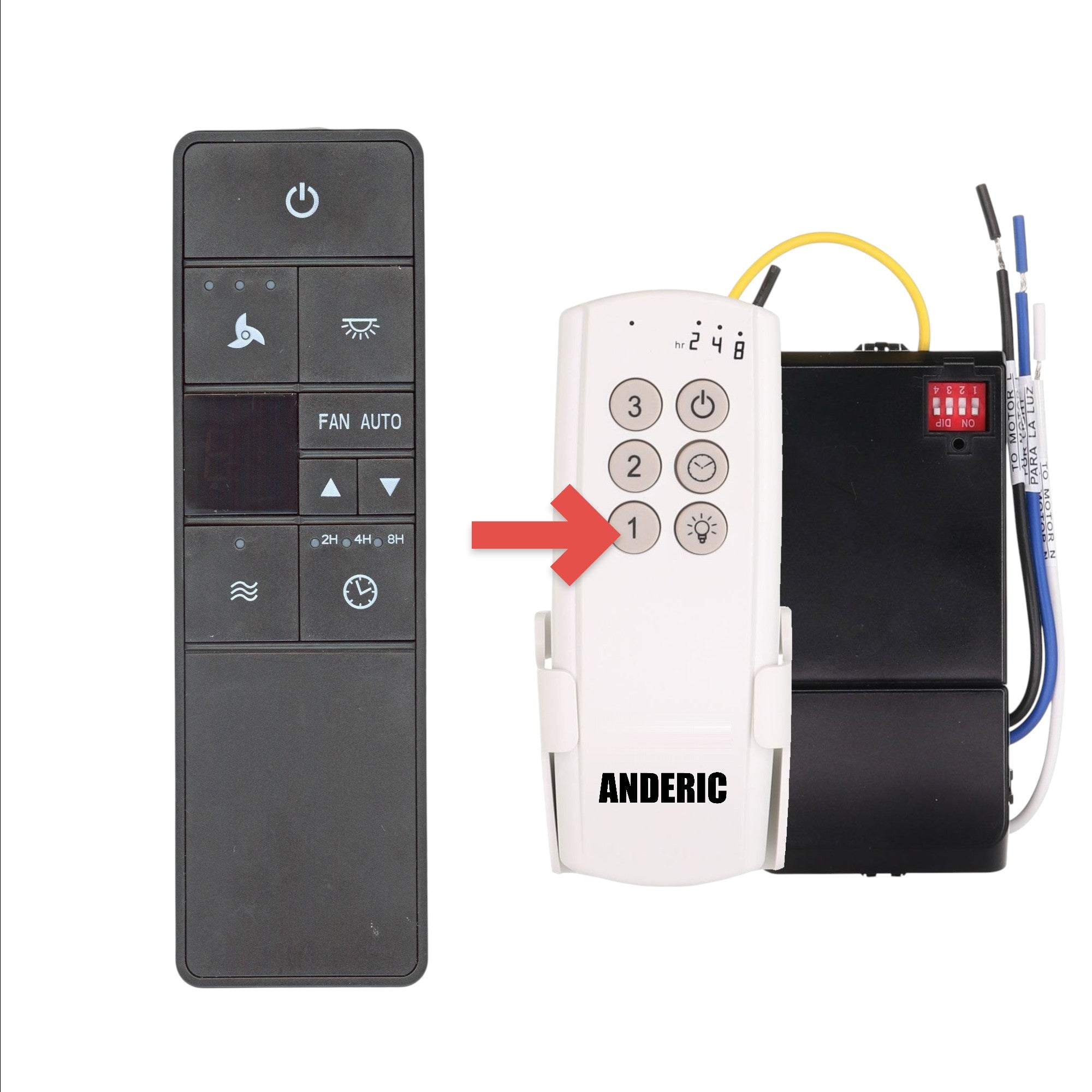 Anderic universal ceiling fan remote control replacement for Hampton Bay TR222A with speed, light, and timer buttons.