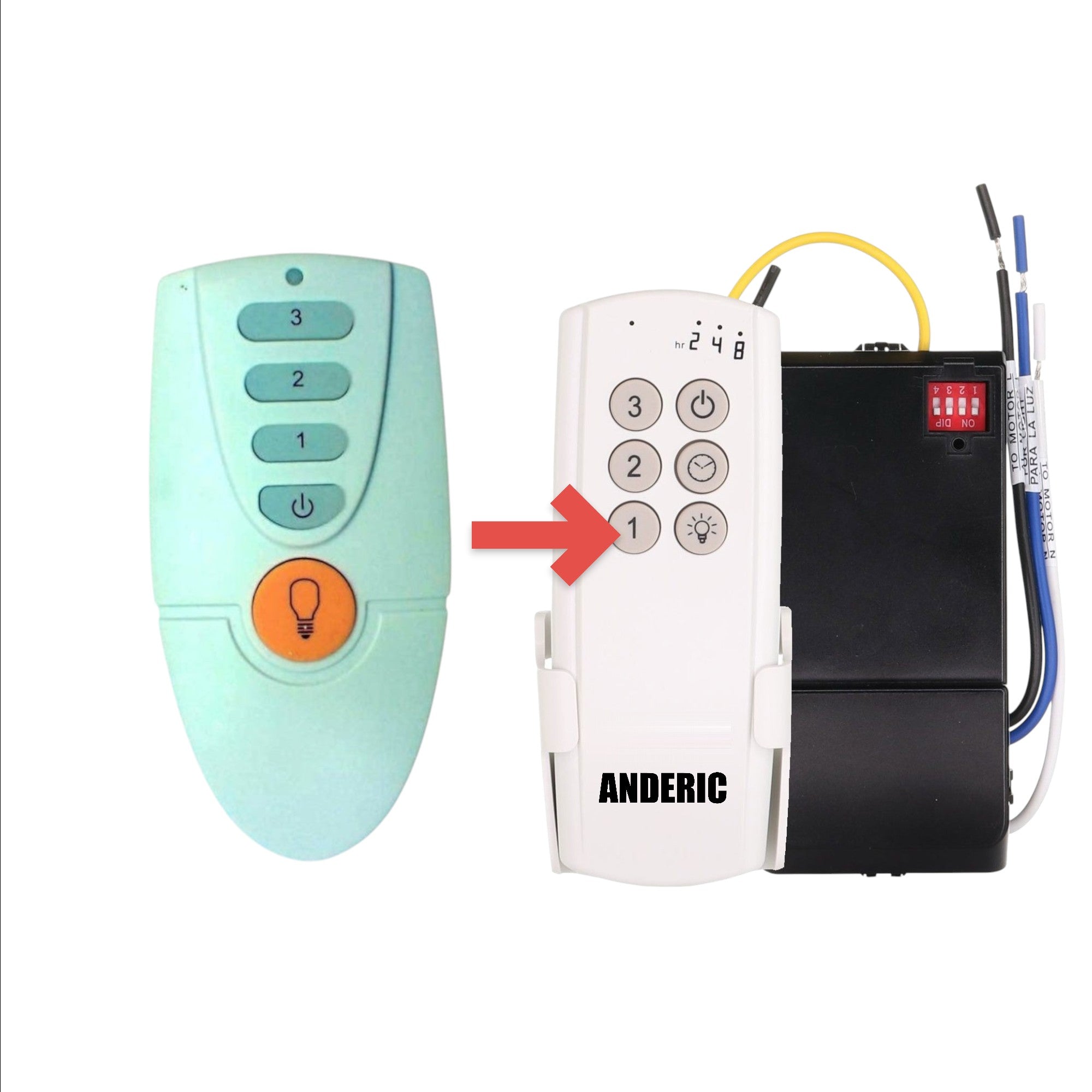 Anderic TR158C KUJCE10721 ceiling fan remote control with three speed buttons, power, and orange light dimming button.