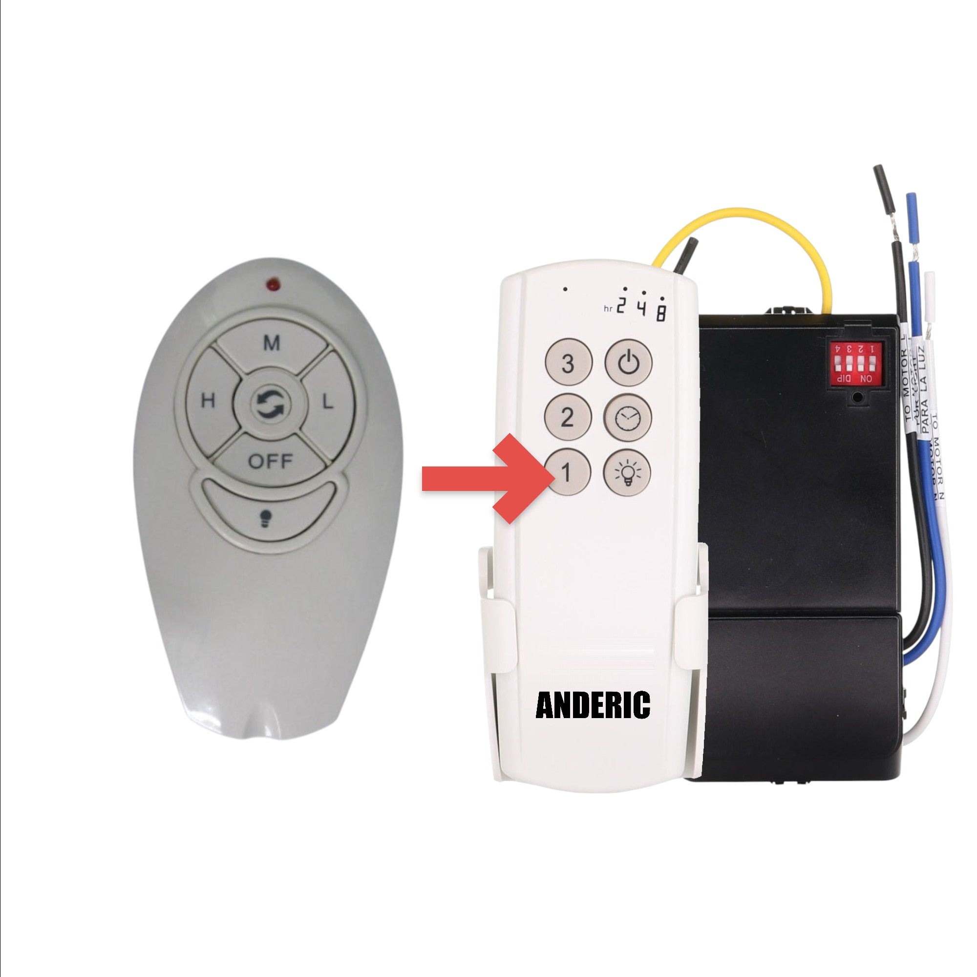 Anderic wireless ceiling fan remote control for UC7082T with speed and light buttons in white plastic finish.