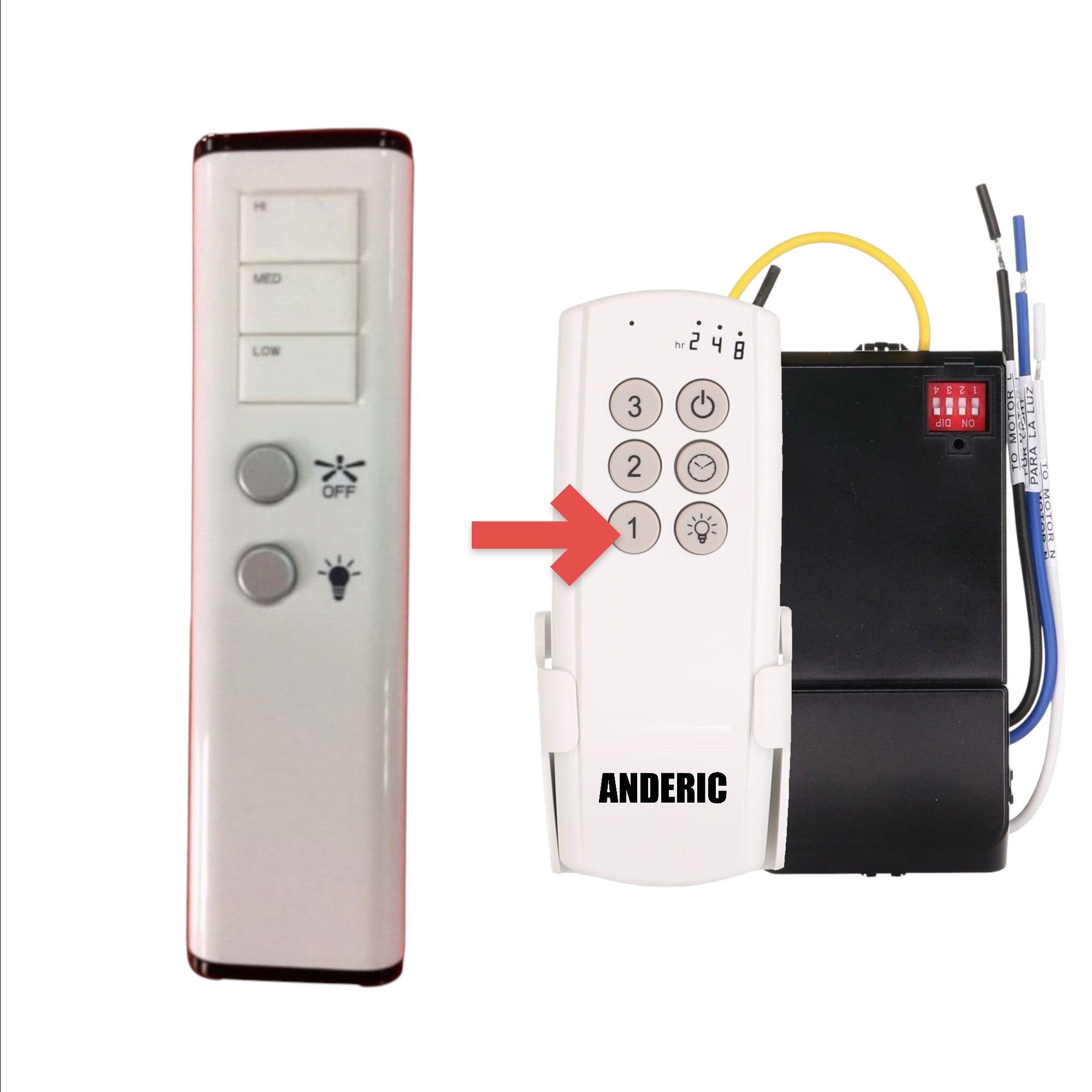 Anderic white ceiling fan remote control with speed settings and light control buttons for UC7207TB replacement.