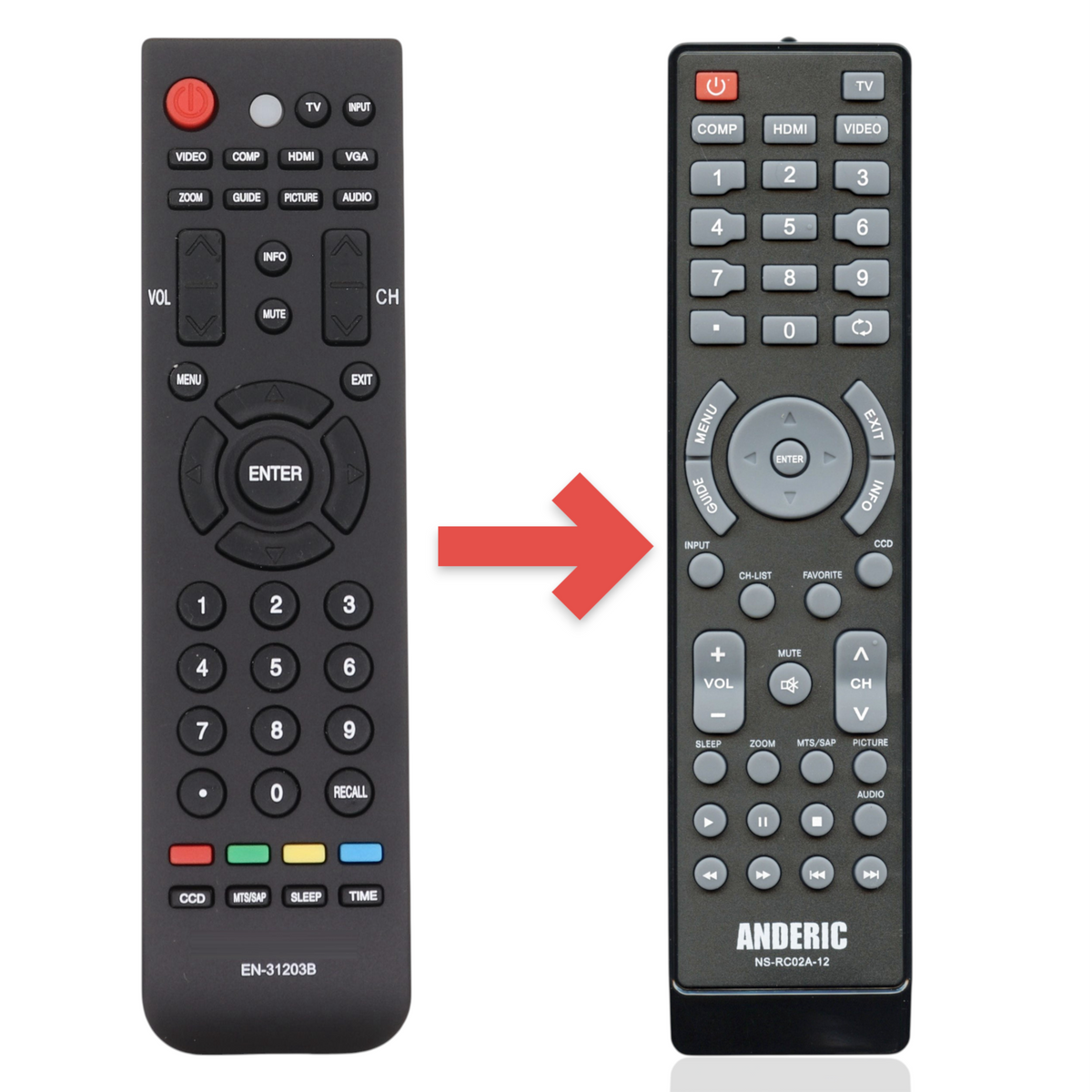 Anderic black infrared remote control for Dynex EN31203B TVs with numeric keypad and dedicated function buttons.
