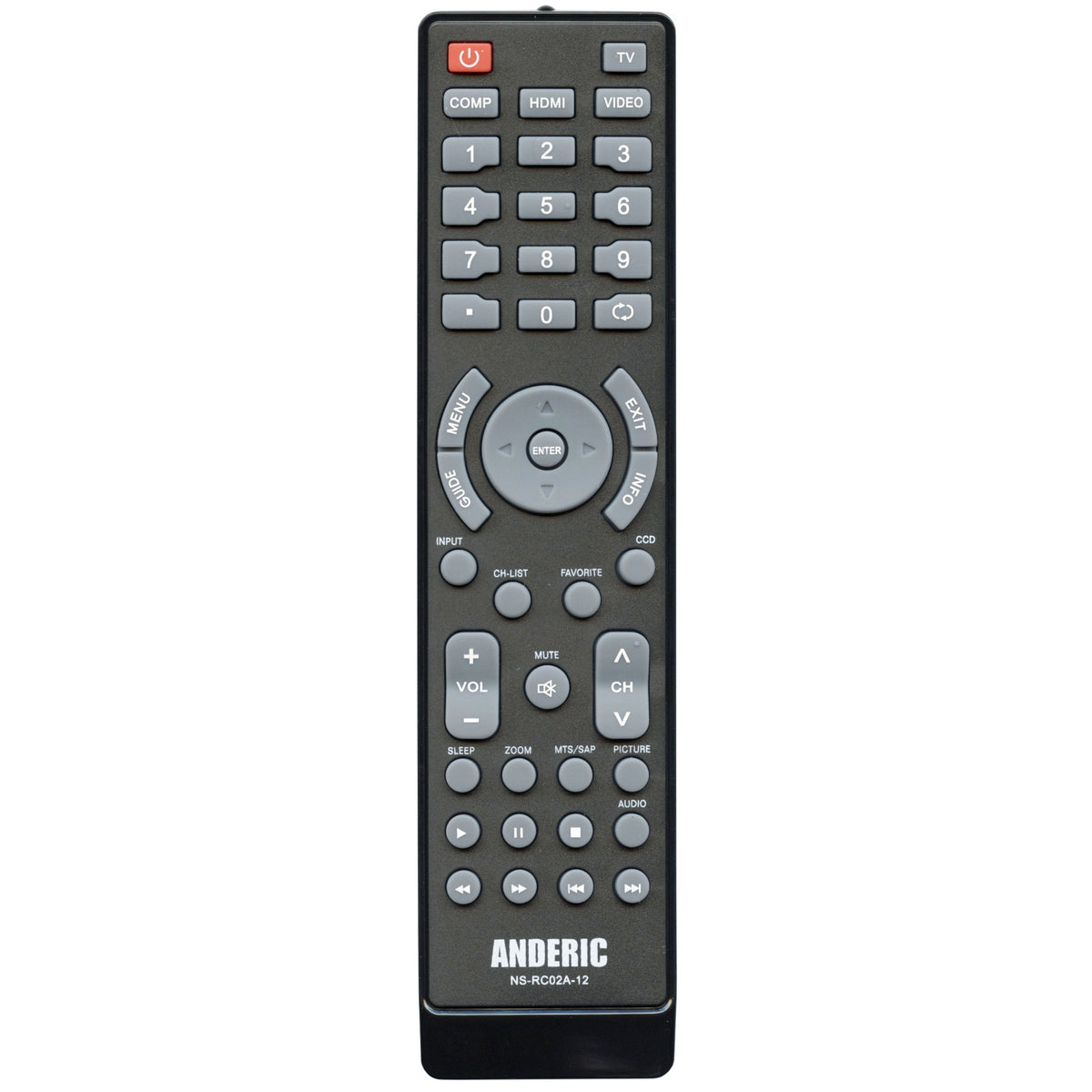 Anderic replacement infrared remote control for Dynex EN31203B TVs with grey buttons and black casing