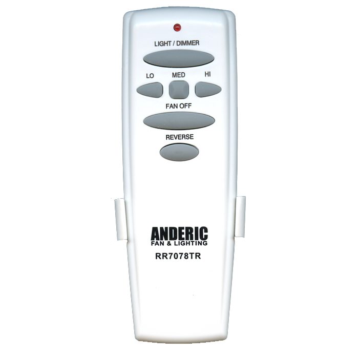 The Anderic FAN2R/RR7078TR remote control kit for Hampton Bay/Hunter fans features buttons for light dimming, fan speed (low, medium, high), on/off functions, and reversing direction. It serves as a compatible replacement and highlights the Anderic Fan & Lighting RR7078TR brand label.