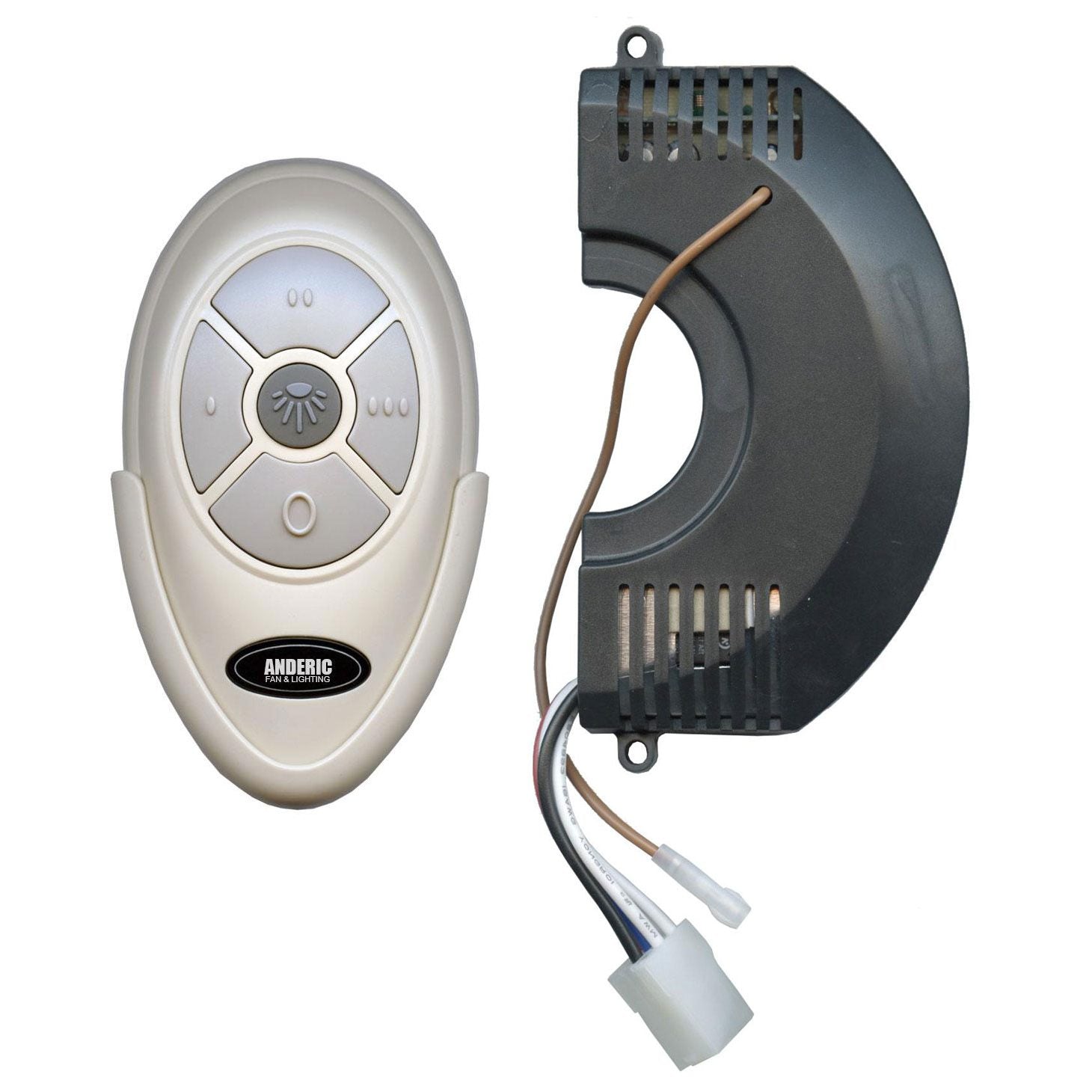 The Anderic FAN35T/FAN30R Ceiling Fan Remote Control Kit includes a white remote and black receiver with wires and connectors, serving as a direct replacement for Harbor Breeze fans.