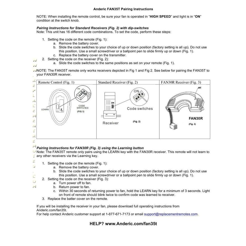 The Anderic FAN35T/FAN30R Ceiling Fan Remote Control Kit includes an instruction sheet for pairing the remote and receivers, with diagrams of both units. It offers detailed steps for pairing with Harbor Breeze fans and a help contact at the bottom.
