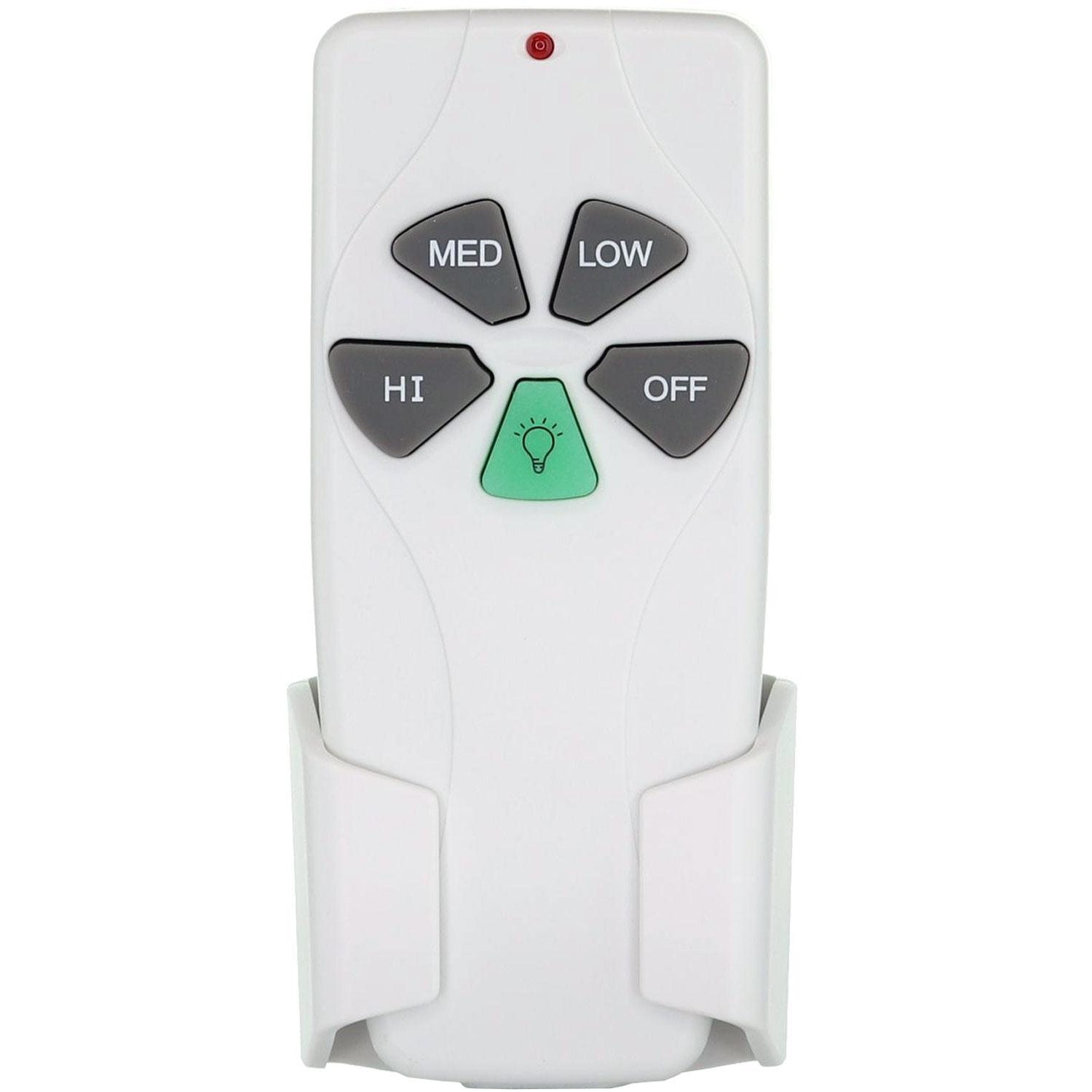 The Anderic FAN53T 3-Speed Universal Ceiling Fan Remote Control Kit features a white remote with black buttons labeled MED, LOW, HI, and OFF and a green button marked with a light bulb icon. It fits in its white wall mount and is widely compatible with various ceiling fans.