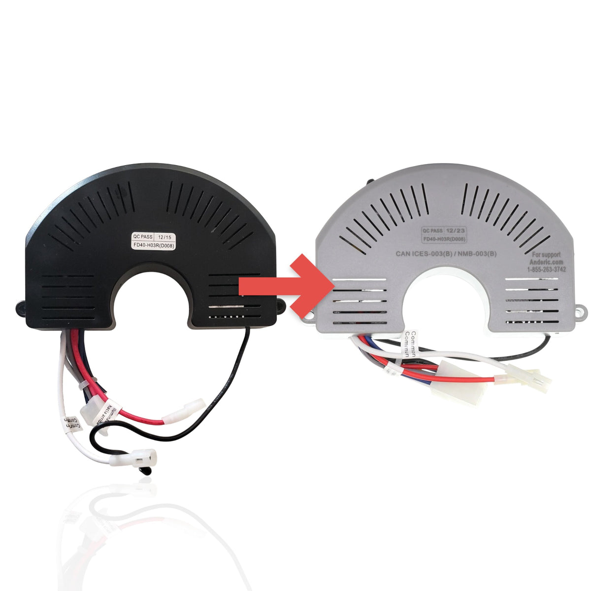 Anderic FD40-H03R ceiling fan DC motor receiver substitute showing black and grey housing units with wiring.