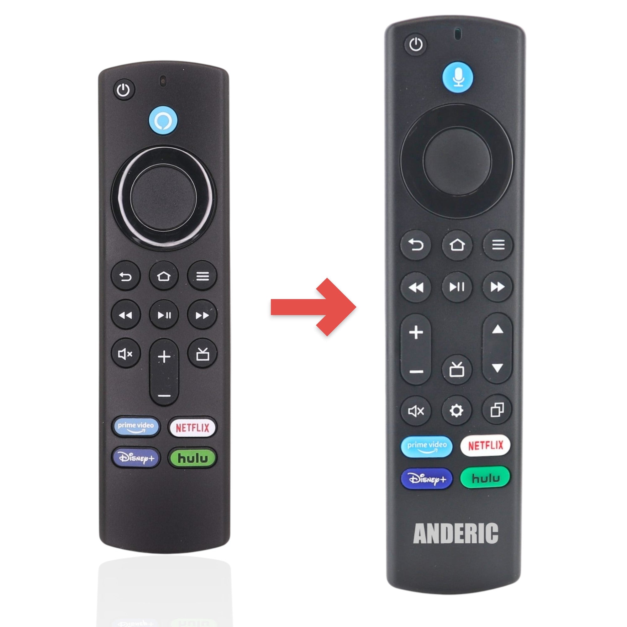 Anderic black voice remote control for Amazon Fire TV with dedicated streaming app buttons and navigation ring