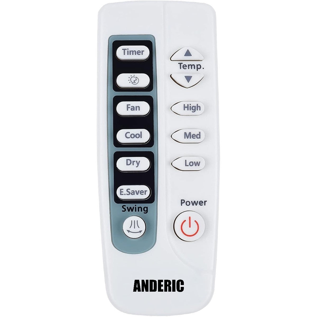 Anderic white replacement remote control for GE air conditioners with labeled buttons for fan, temp, and mode.