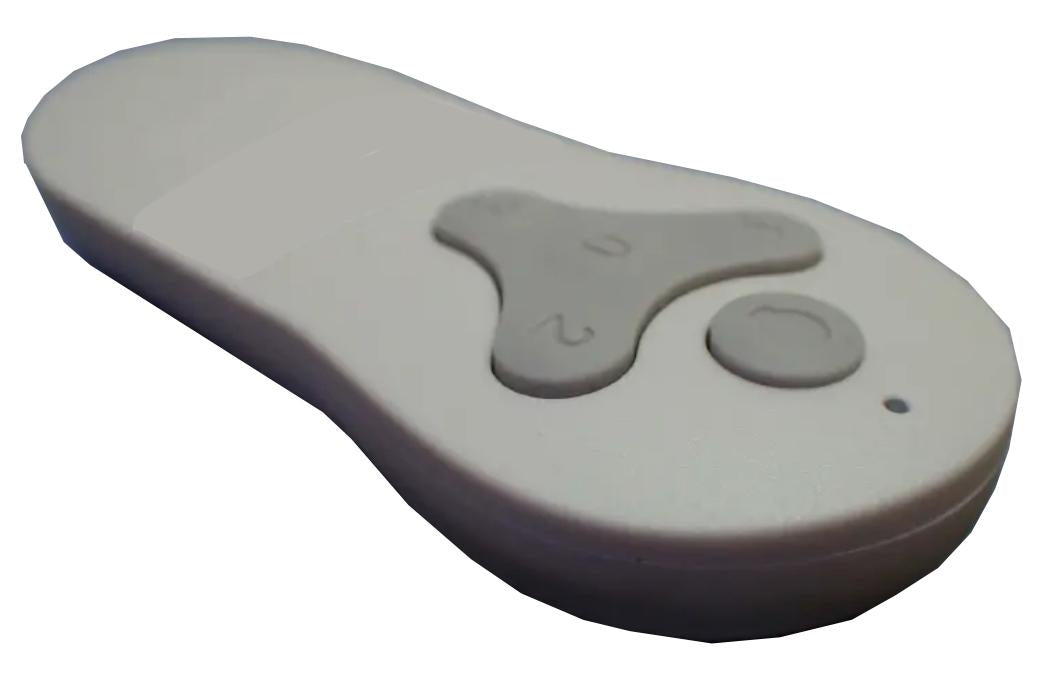 The Harbor Breeze TR214A KUJCE10610 Ceiling Fan Remote Control is gray, features three numbered buttons for cycling power, and includes a right-side dot indicator for light flash activation.