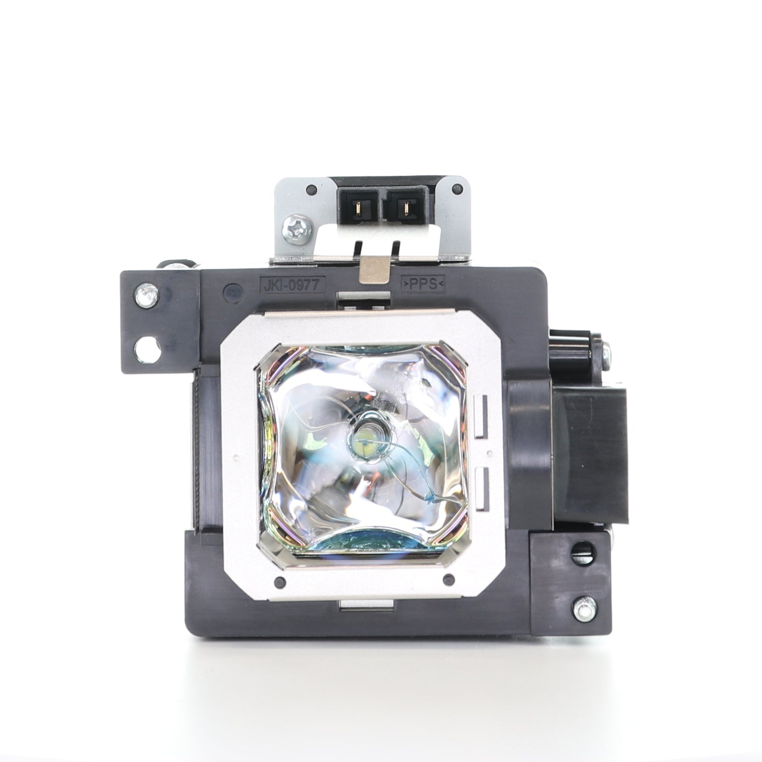Front view of the Generic PK-L2618U Projector Lamp Assembly featuring a reflector and connector ports, designed as an OEM replacement for JVC projector models, isolated on a white background.