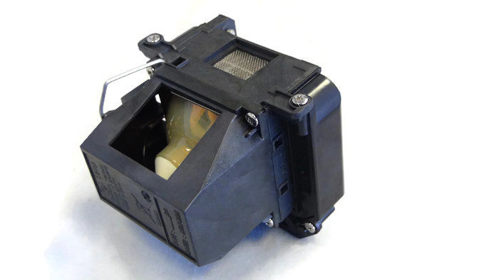 A black Generic V13H010L64 projector lamp module with a metallic handle and visible Osram bulb sits on a white surface, ideal for Epson projector lamp replacement.