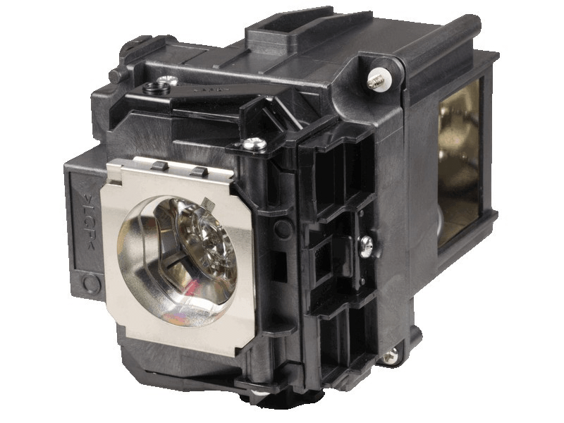 The Generic V13H010L76 Projector Lamp Assembly is a black lamp module with a metallic front and clear bulb housing, featuring various screws and components, and includes a Genuine Original Osram Bulb for optimal performance.