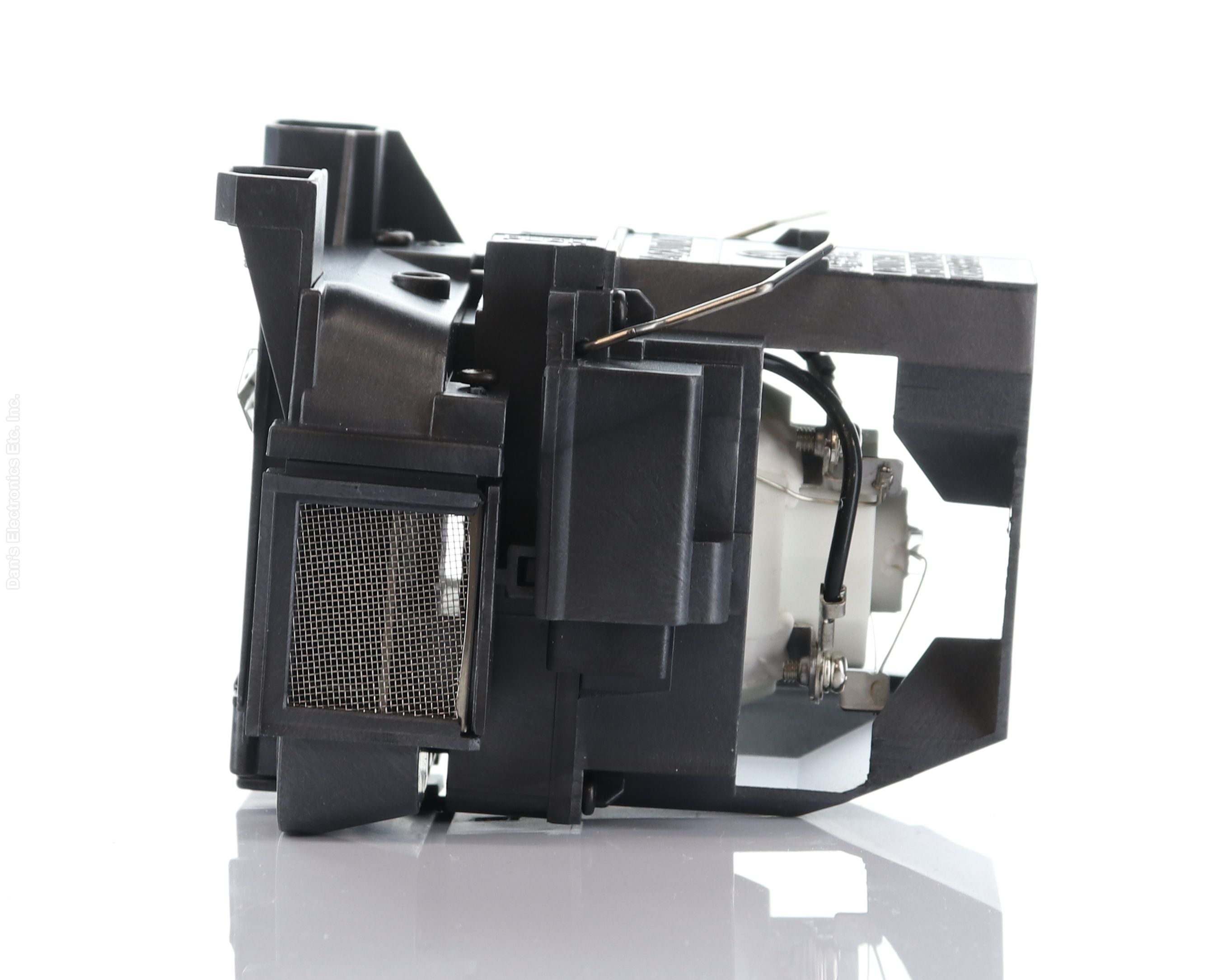 The Generic V13H010L89 Epson projector lamp assembly features a Genuine Original Osram P-VIP bulb within a black housing and mesh vent, designed to fit various Epson models. It is positioned on a reflective white surface as an ideal replacement lamp.