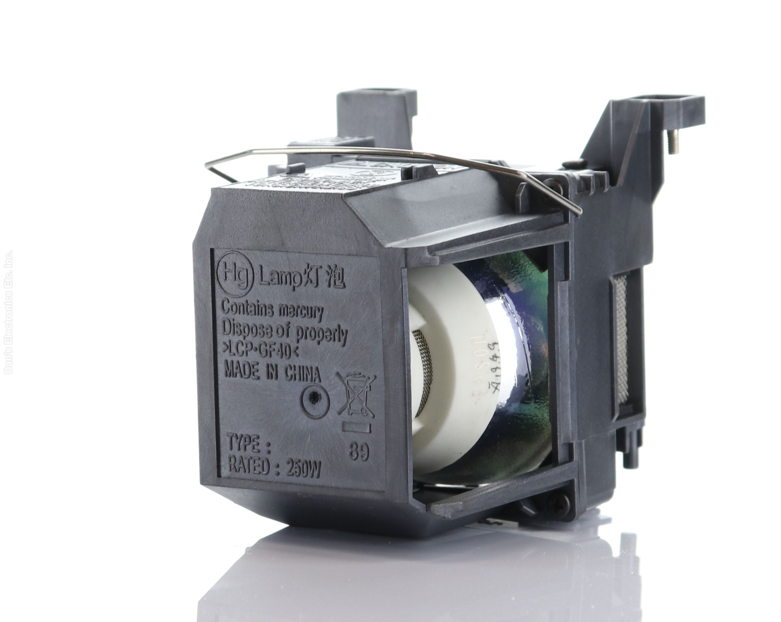 This is a Generic V13H010L89 Epson projector lamp with a Genuine Original Osram P-VIP bulb, housed in black plastic. The label states "Lamp for TV," noting mercury content, disposal instructions, and a 250W rating. Compatible with Epson models. Made in China.