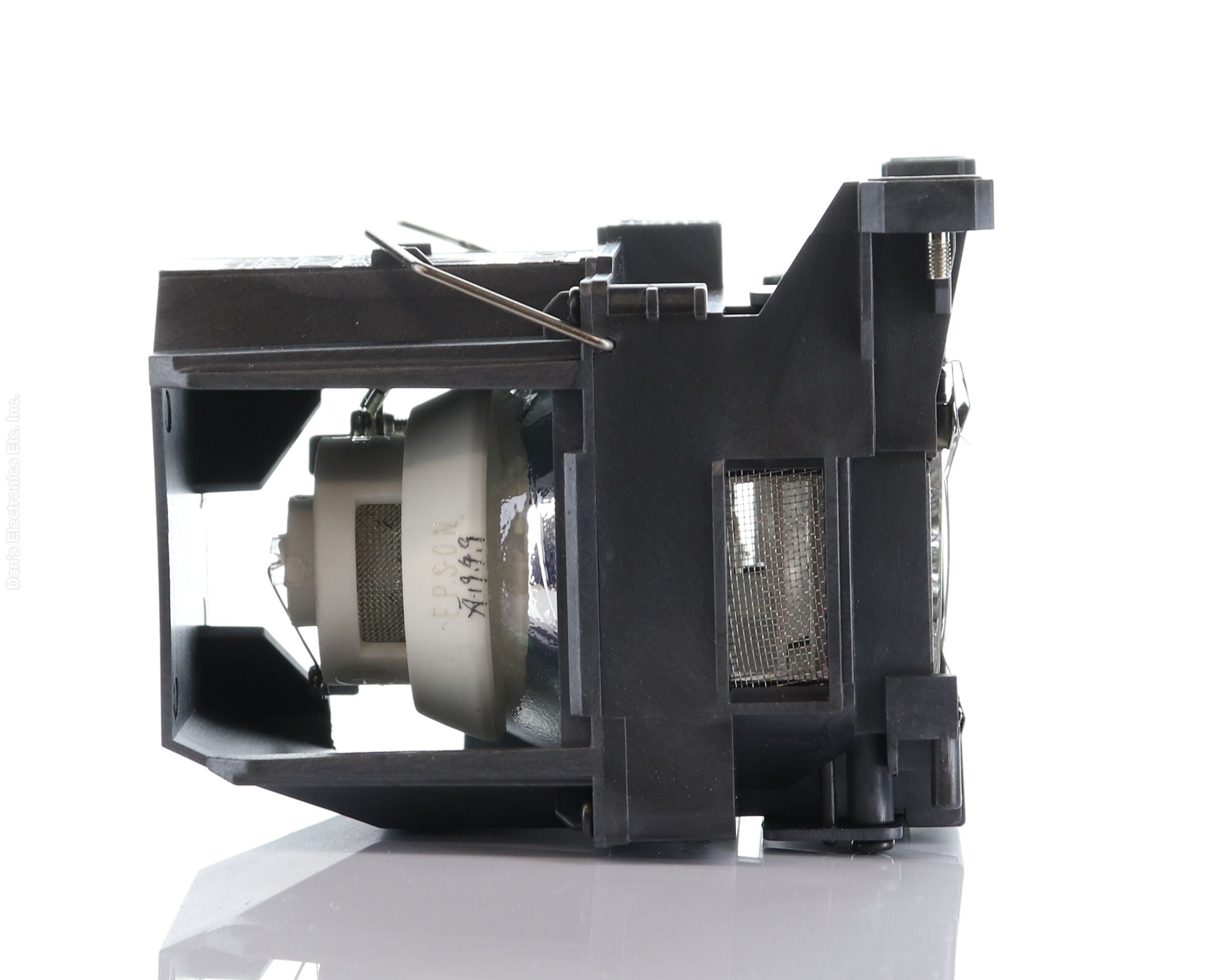 The Generic V13H010L89 Epson projector lamp assembly, featuring a genuine original Osram P-VIP bulb, elegantly rests on a reflective white surface, showcasing its authentic design as the original replacement for various Epson lamp models.