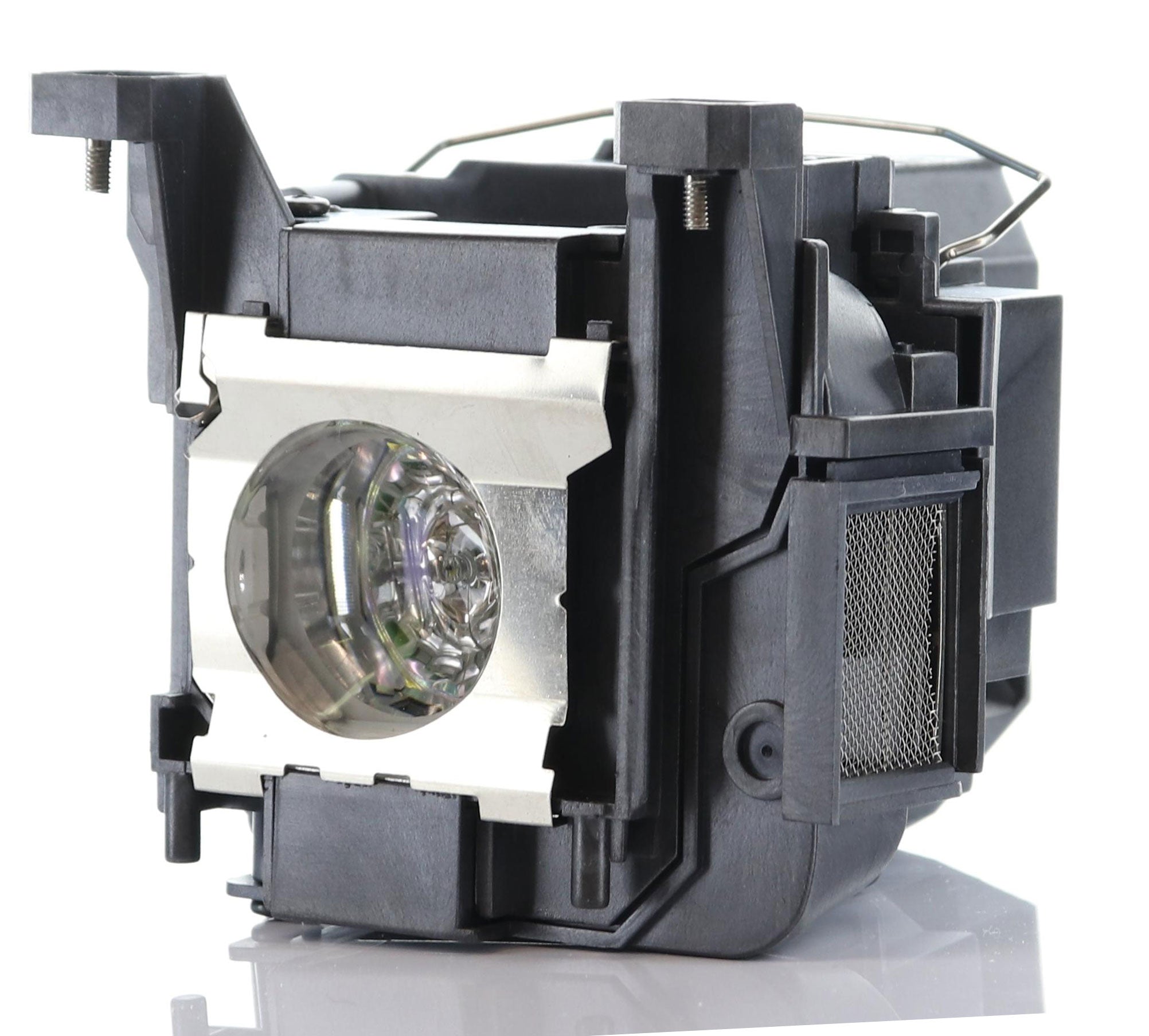A Generic V13H010L89 Epson projector lamp assembly contains a Genuine Original Osram P-VIP bulb, encased in black plastic housing with a reflective surface and mounted with screws.