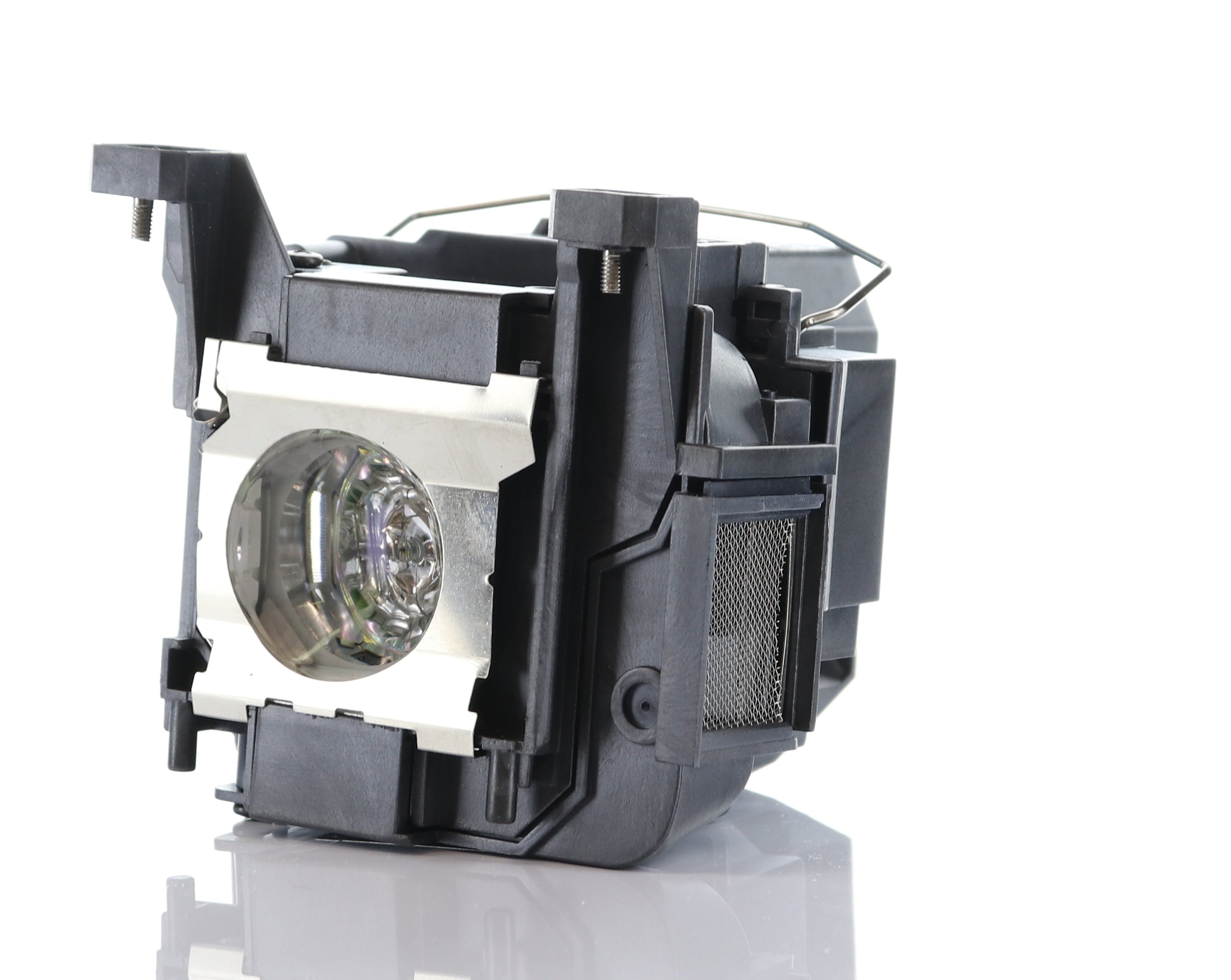 An original replacement lamp, the Generic V13H010L89 Epson Projector lamp assembly, includes a Genuine Original Osram P-VIP bulb and is compatible with Epson projectors. It features a black lamp module with a clear lens, metal reflector, and plastic housing on a reflective white surface.