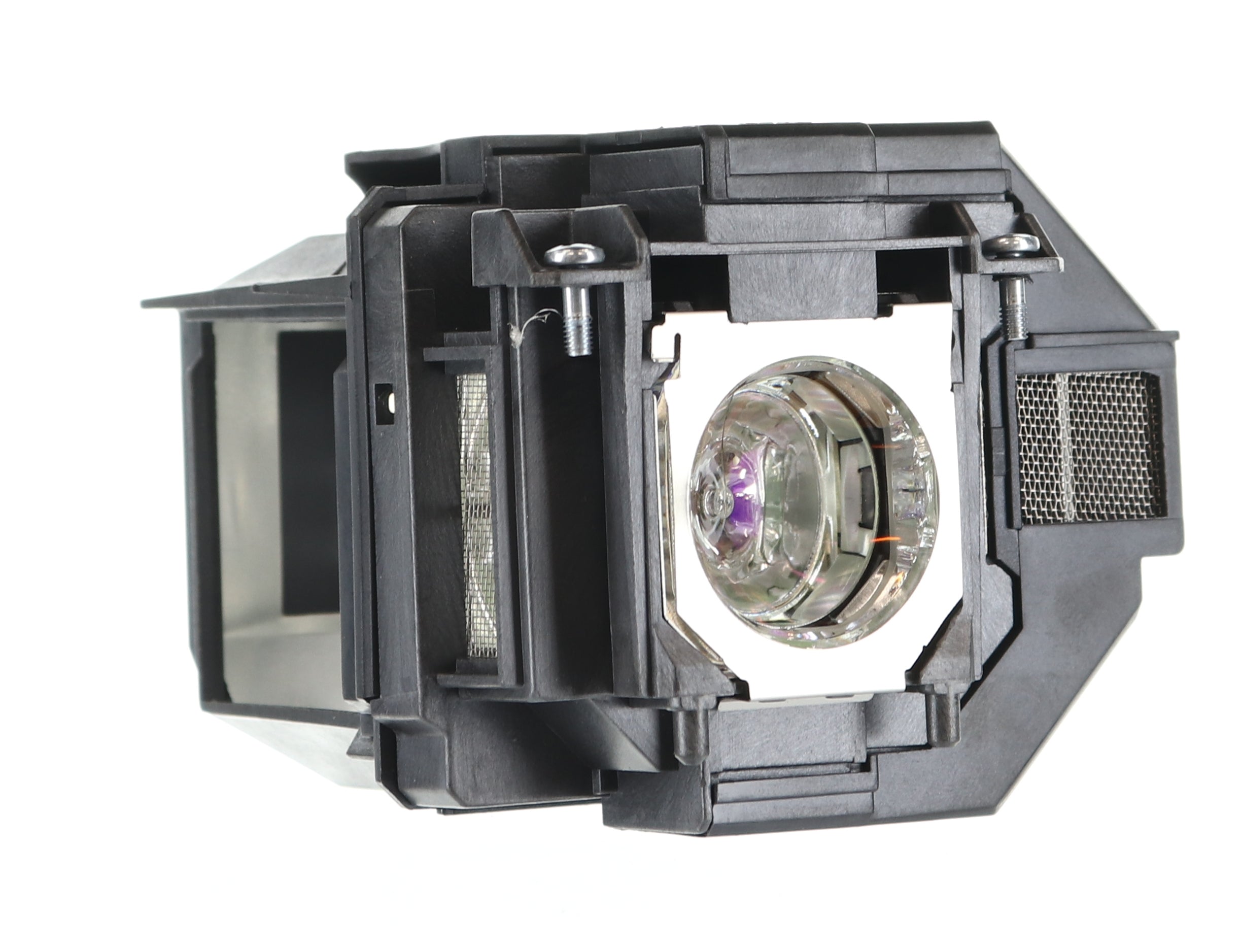 The Generic V13H010L96 for Epson Projector Lamp Assembly includes a clear bulb within black plastic housing, a visible lens, and metallic parts, ensuring optimal performance and longevity for your projector.