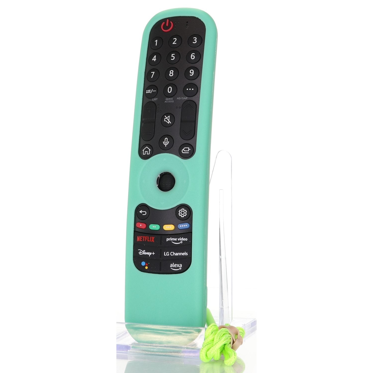 A teal LG Smart TV Magic Remote with black and white buttons stands upright on a clear stand. It features logos for Netflix, Prime Video, Disney+, and Alexa. A green lanyard is attached at the bottom, complemented by a sleek AN-MR21GA / AN-MR22GA Remote Control Silicone Protective Case.