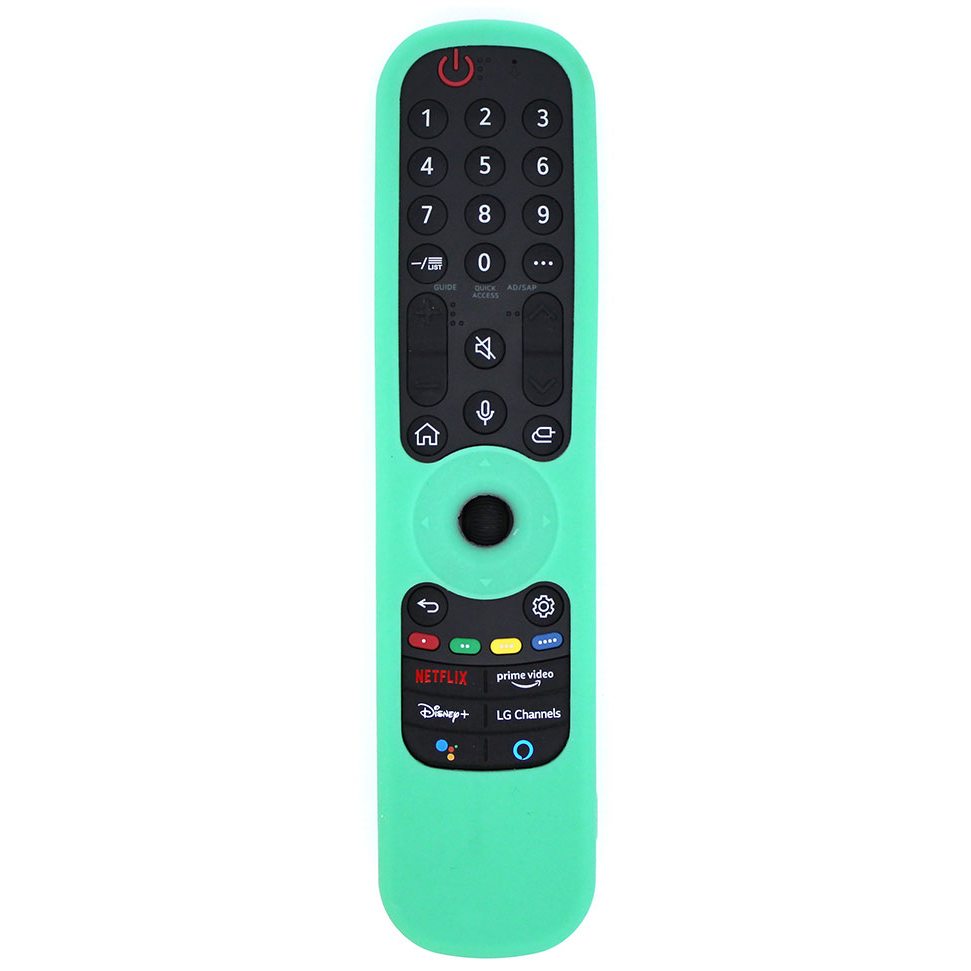 The AN-MR21GA / AN-MR22GA Remote Control Silicone Protective Case in mint green includes buttons for power, volume, and streaming services like Netflix, Prime Video, and Disney+.