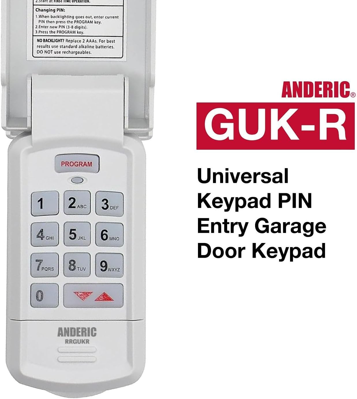 Anderic GUK-R universal garage door keypad with large backlit buttons and a protective flip cover for secure PIN entry.